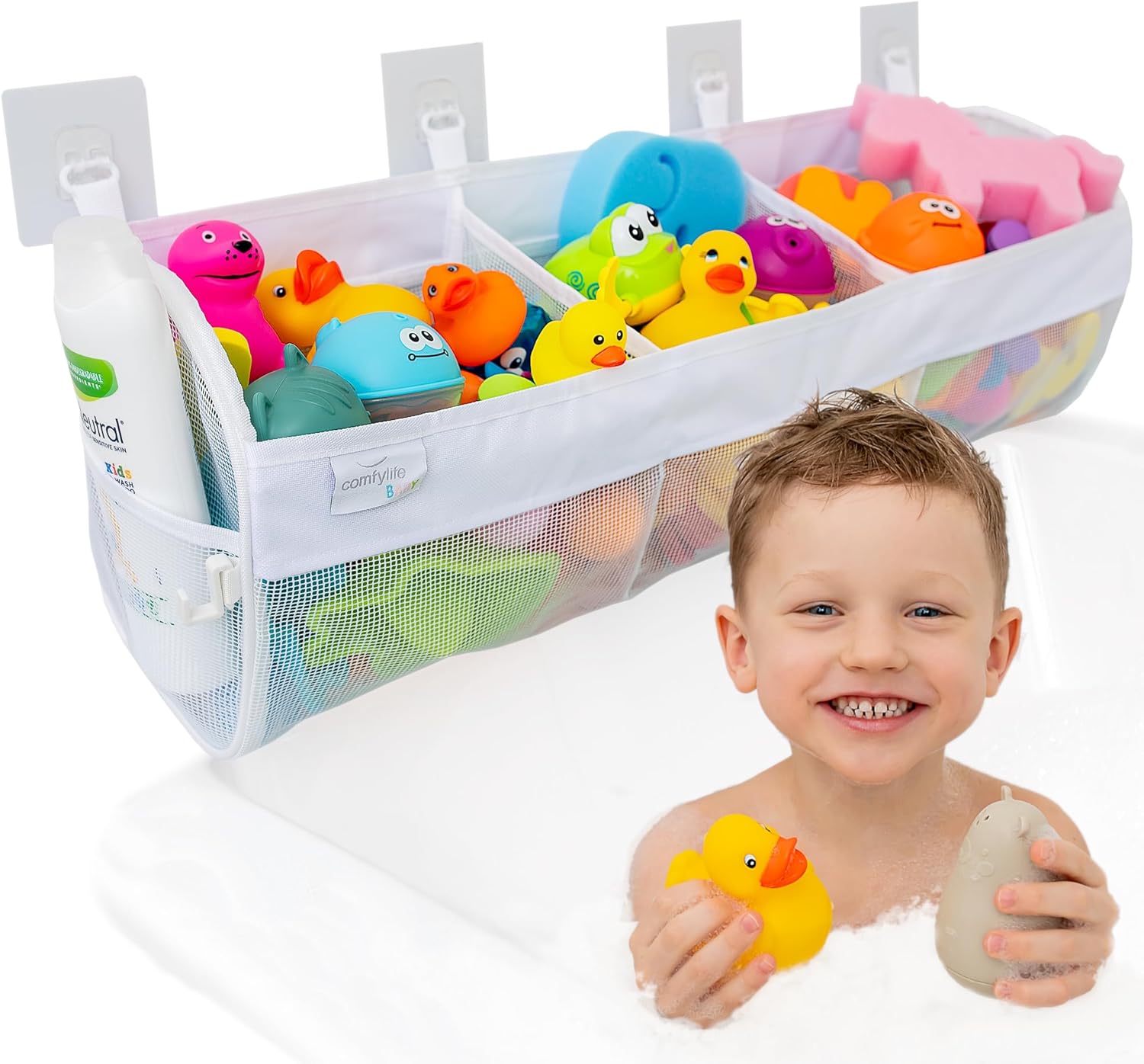 Comfylife Large 3-Compartment Bath Toy Organizer Mesh Net - Quick-Dry Holder with 4 Strong Hooks for Tub & Shower Toys