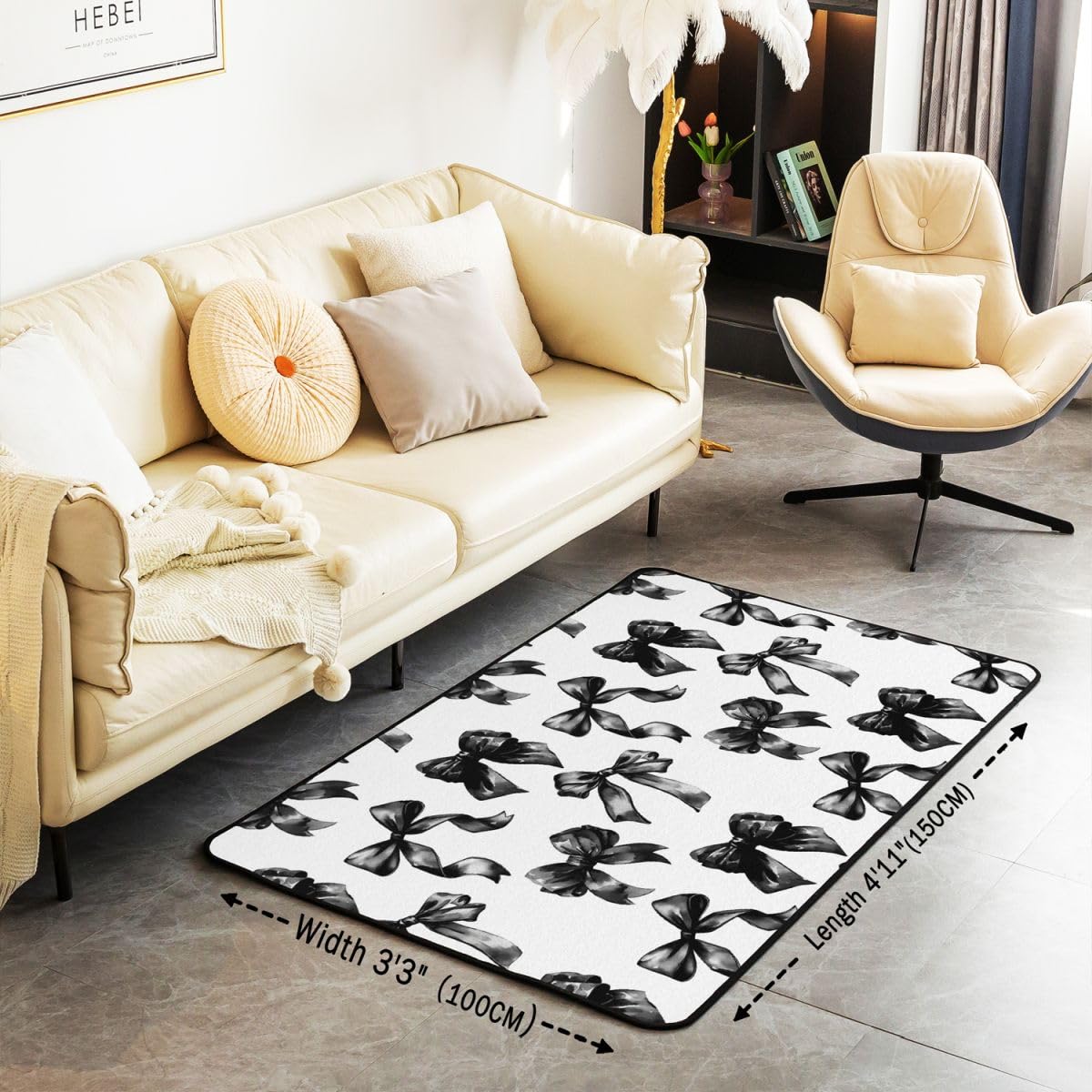 Homewish Dywaniki z kokardą 100 x 150 cm do sypialni salonu - czarno-biała kokardka nowoczesny dywan podłogowy nowoczesny prosty moda estetyczne duże dywany, czarna akwarela węzeł motylkowy nie gubi