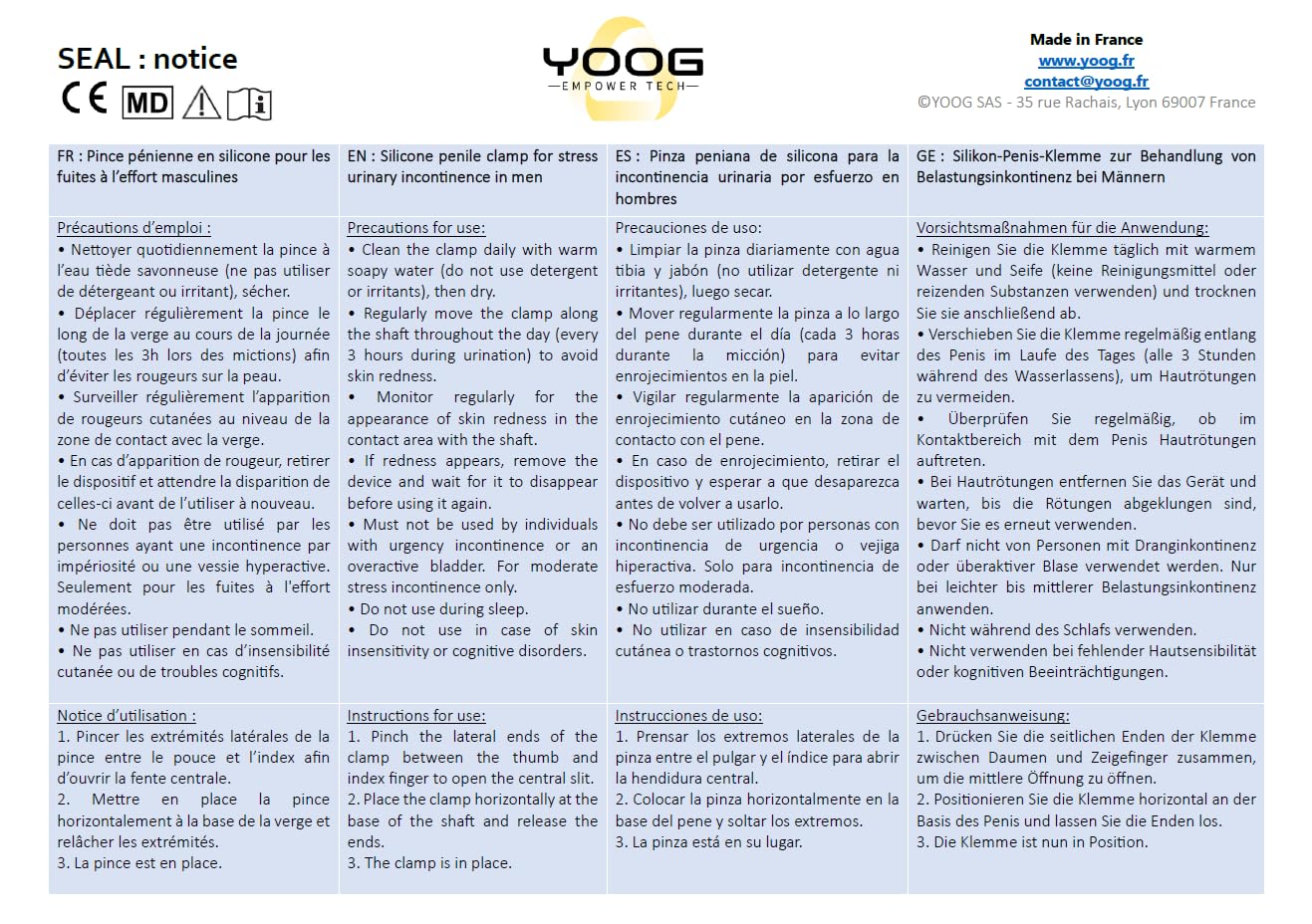 SEAL - Pinza peniana para pérdidas de orina masculinas. Pinza urinaria de silicona cómoda para la incontinencia masculina. Fabricado en Francia por YOOG.