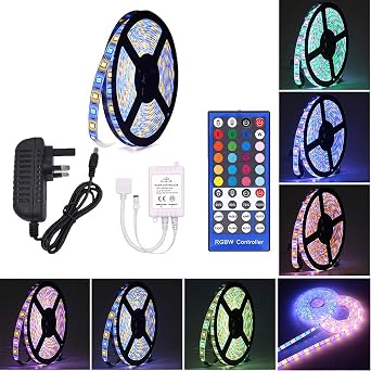 DC12V 5M RGBW RGBWW 5Pin LED Light Strip Full Set LED Strip with 40 Key IR Remote Controller and 12V 3A Adapter LED Strip 5050 RGBW Full Set, IP65 Waterproof