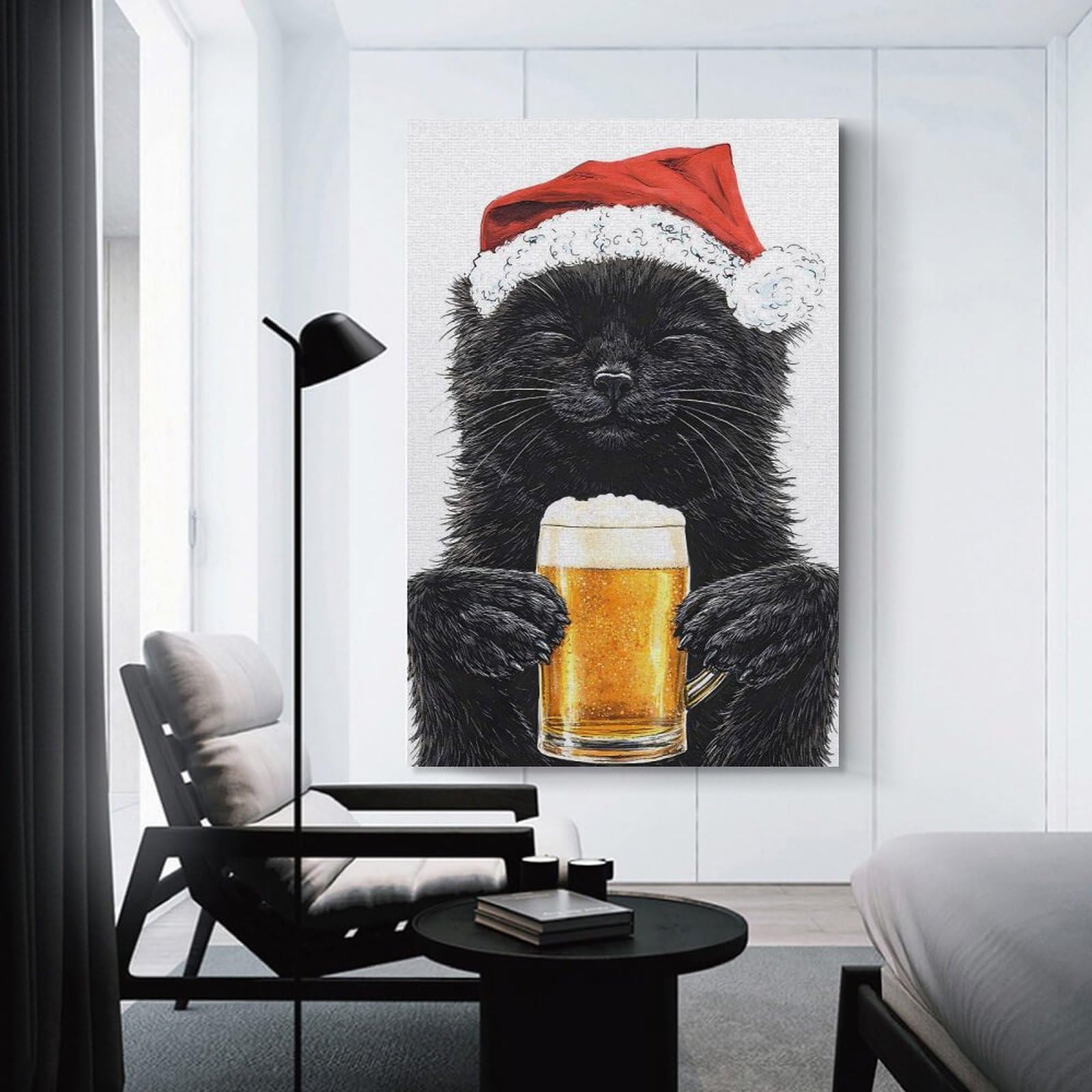 Junmoney Black Cat in Santa Hat with Beer Wall Decor Canvas Print, 24x36inch(60x90cm), for Wall Displays, Bedrooms Or Room Updates, Wall Decor Suited to Curated Displays