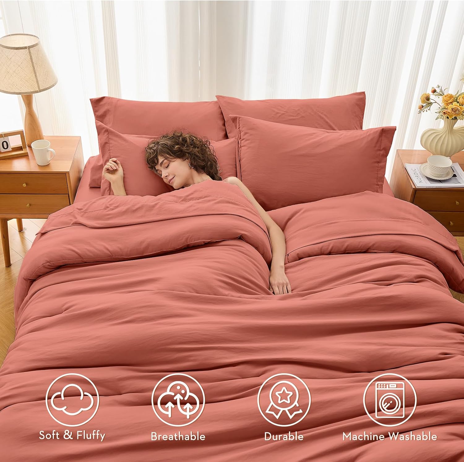 MUXHOMO 7 Pieces Queen Comforter Set, Soft Bed in a Bag Queen Size, All Season Bedding Set with Comforter, Flat Sheet, Fitted Sheet, Pillowcases & Shams, Coral Red - Image 2