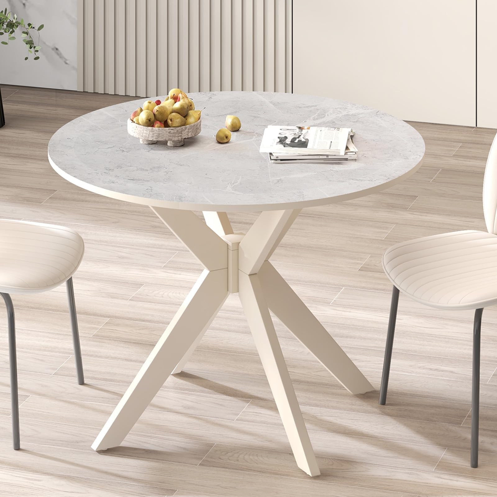Round Dining Table, Mid Century Modern Kitchen Table for 2-4 Person, 36-inch Circle Tabletop & Trestle Pedestal Base, Leisure Coffee Table for Home Office, Living Room (White)