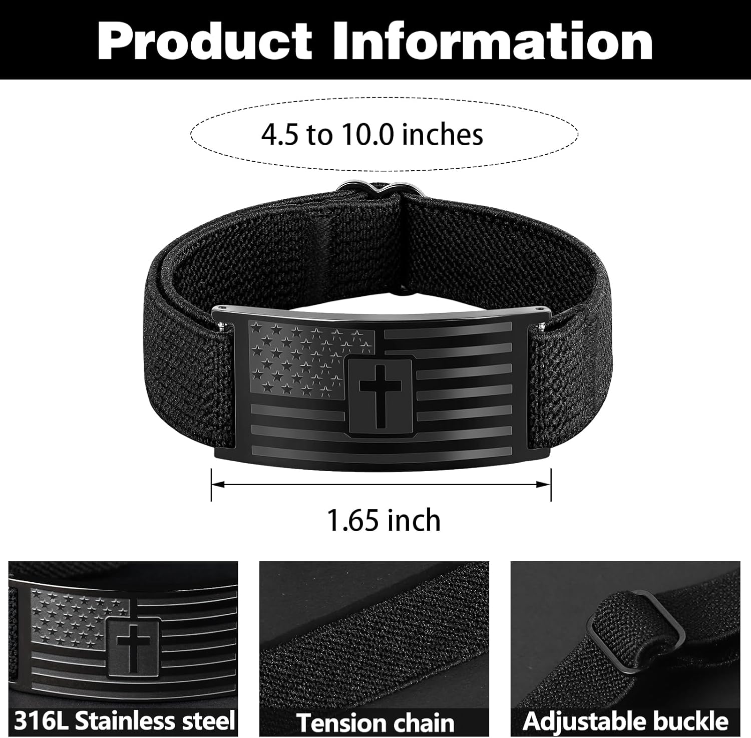 Bracelets for Men Boys - Patriotic American Flag Cross Bracelet - Adjustable Black Elastic Stretch Strap Bible Verse Bracelets - Back to School, Birthday Gifts for Men - Image 4