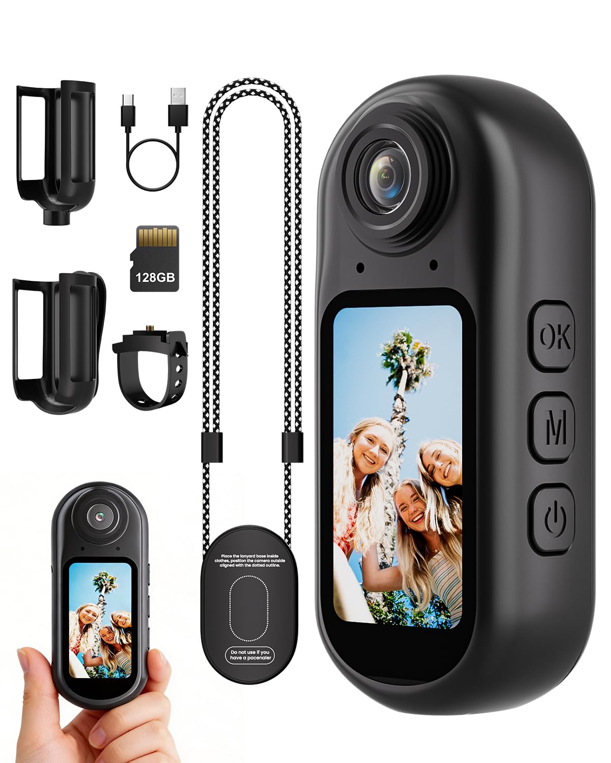 Mini Action Cam 4K WiFi, body camera portatile 128 GB, dimensione pollice | cordino magnetico, registrazione vivavoce, fotocamera per animali domestici, viaggi, lavoro, sport acquatici