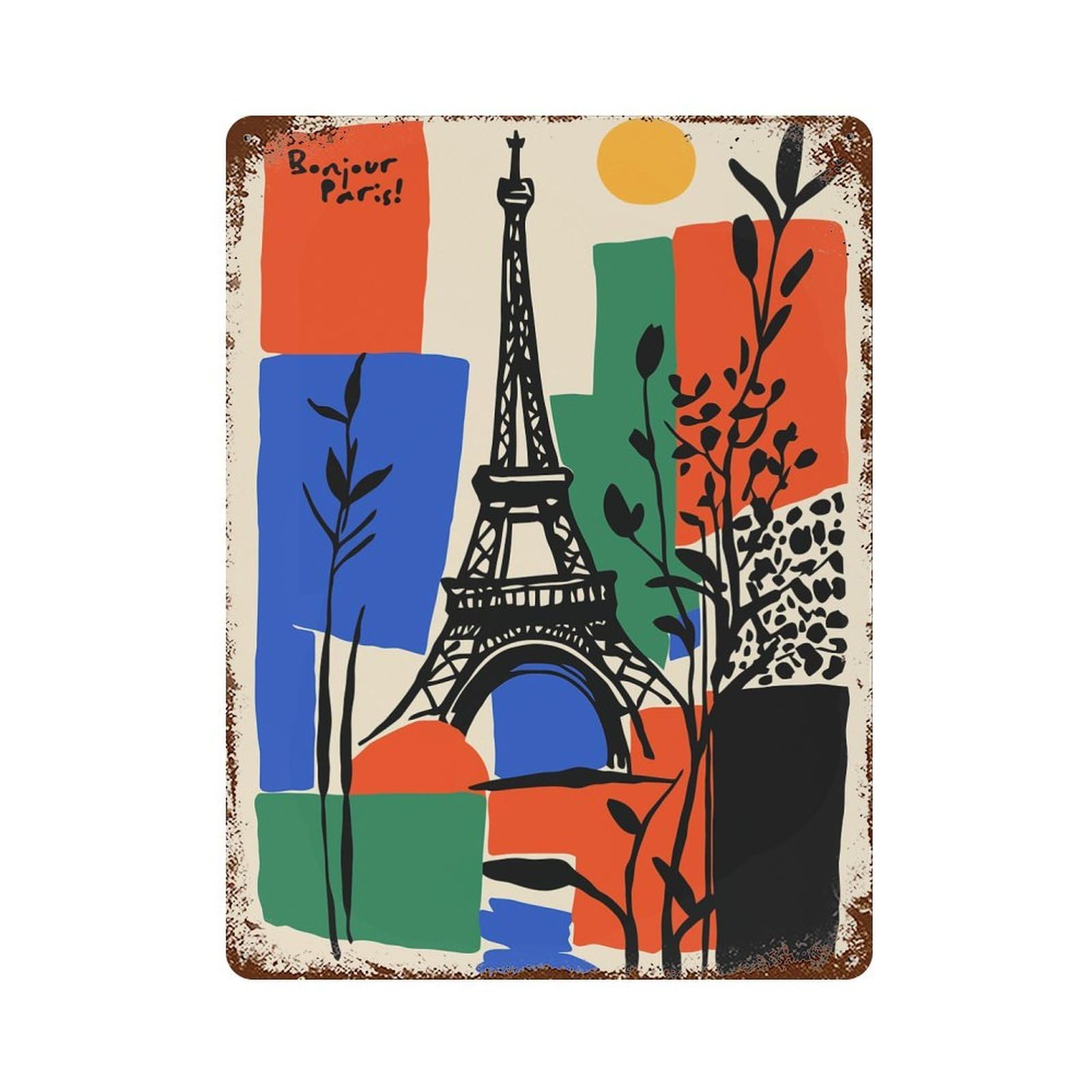 Bonjour Paris Eiffel Tower Art 15.7"x11.8" Weathered Tin Sign, Shabby Chic Decor for Farmhouse, Kitchen And Entryway Decor