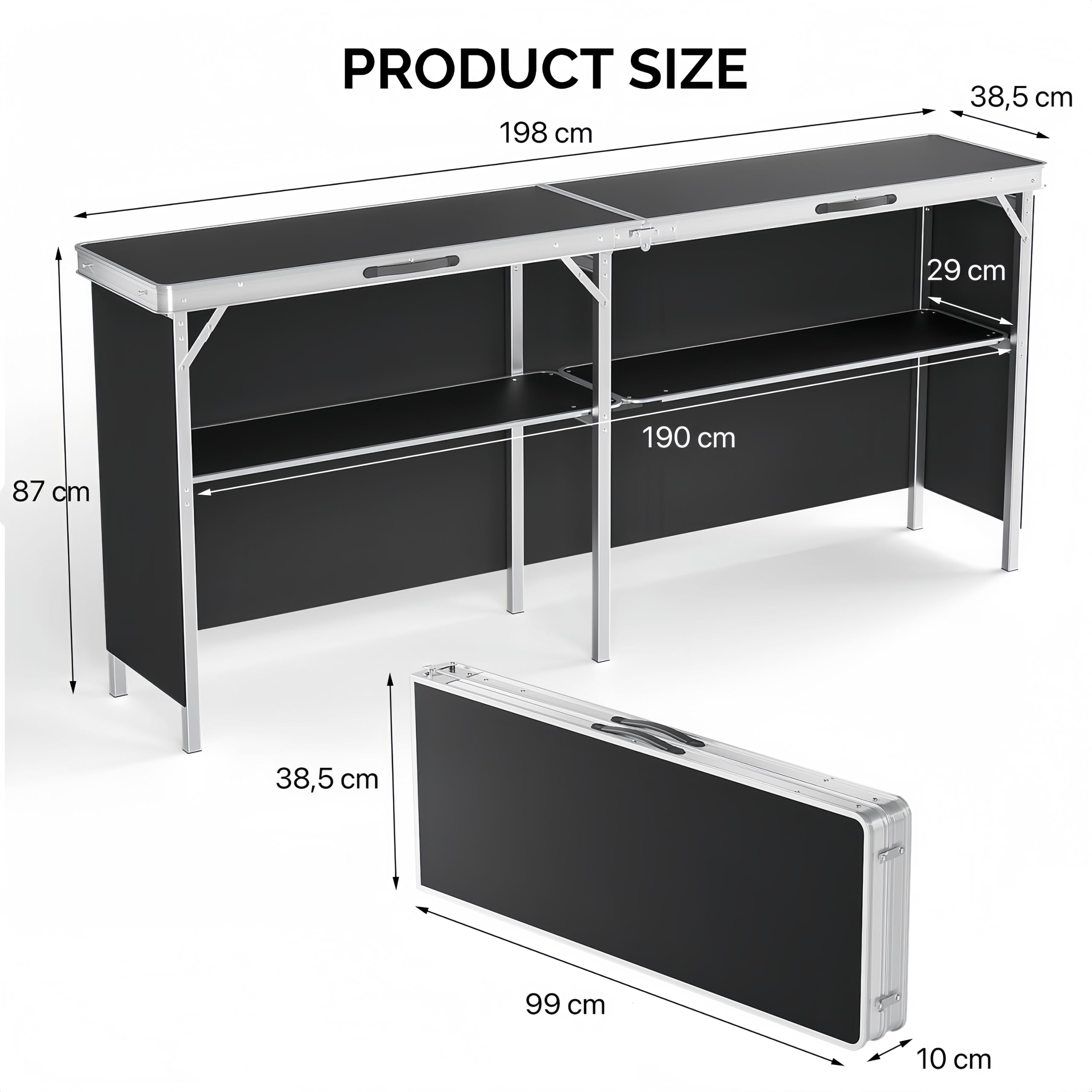 Bonnlo Campingtisch aus Aluminium, 2-stufige Ablage mit Oxford-Stoff, Outdoor Bartisch Klappbar, Leicht & Tragbar, inkl. Tragetasche, 198 x 38,5 x 87cm, bis 50kg, für Camping, Garten, Party & Picknick