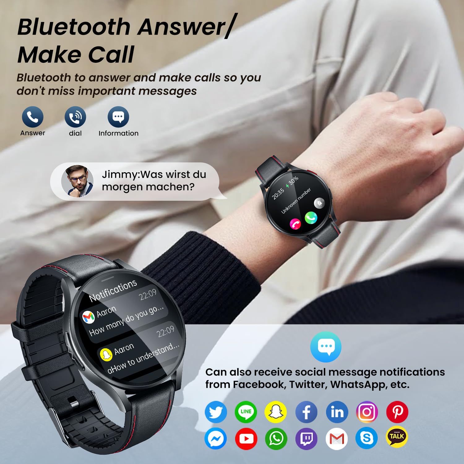 Montre Connectée ECG Smartwatch Santé: 1.43"AMOLED Fitness Montre Intelligente Sport Homme avec HRV Repondre Appel Cardiofréquencemètre SpO2 Sommeil Podomètre IP68 Multisports pour Android iOS Ronde