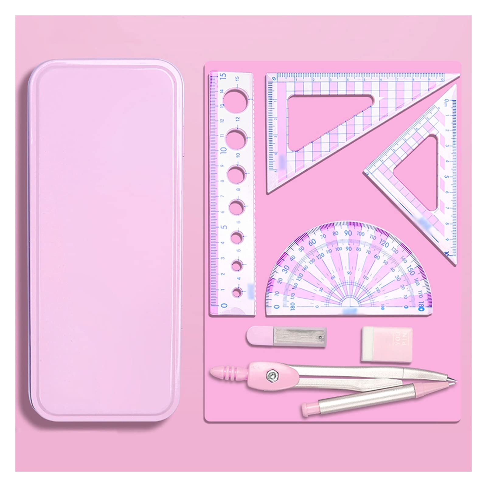 Juego de transportador y compás Brújula Juego de transportador Brújula Brújula de matemáticas Escolares y Juego de transportador de geometría 7 Piezas Brújula de matemáticas(Pink)