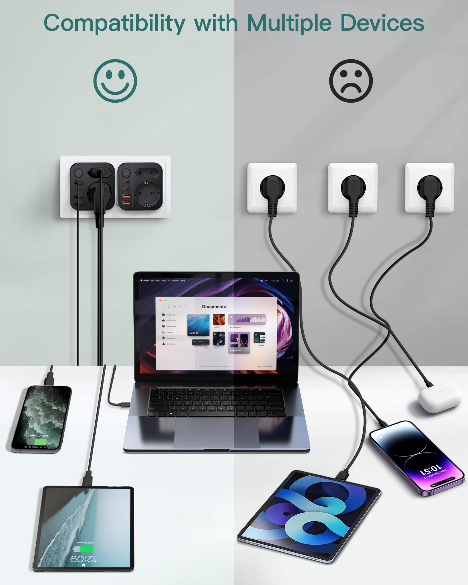Kostka z gniazdem USB C, 4-gniazdowy adapter kostkowy wielofunkcyjny, 6 w 1 USB, listwa zasilająca, ładowarka biurkowa, szybkie ładowanie dla domu i biura, czarna