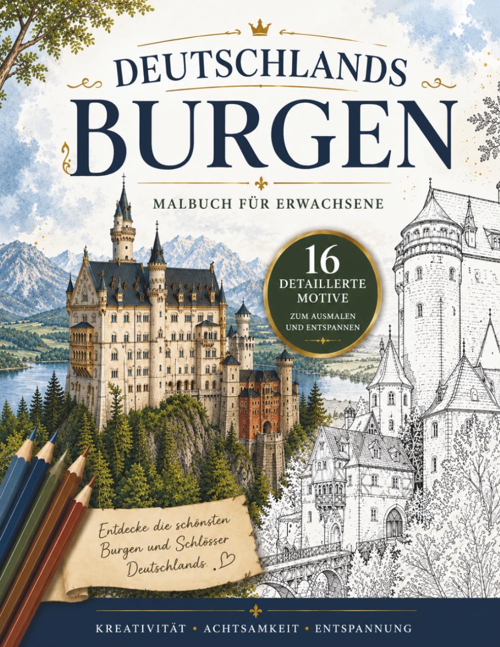 Deutschlands Burgen & Schlösser: Malbuch für Erwachsene | 16 Detailreiche Ausmalmotive aus allen 16 Bundesländern | Entspannung, Achtsamkeit & ... (Ausmalreise durch Deutschlands Kulturerbe)