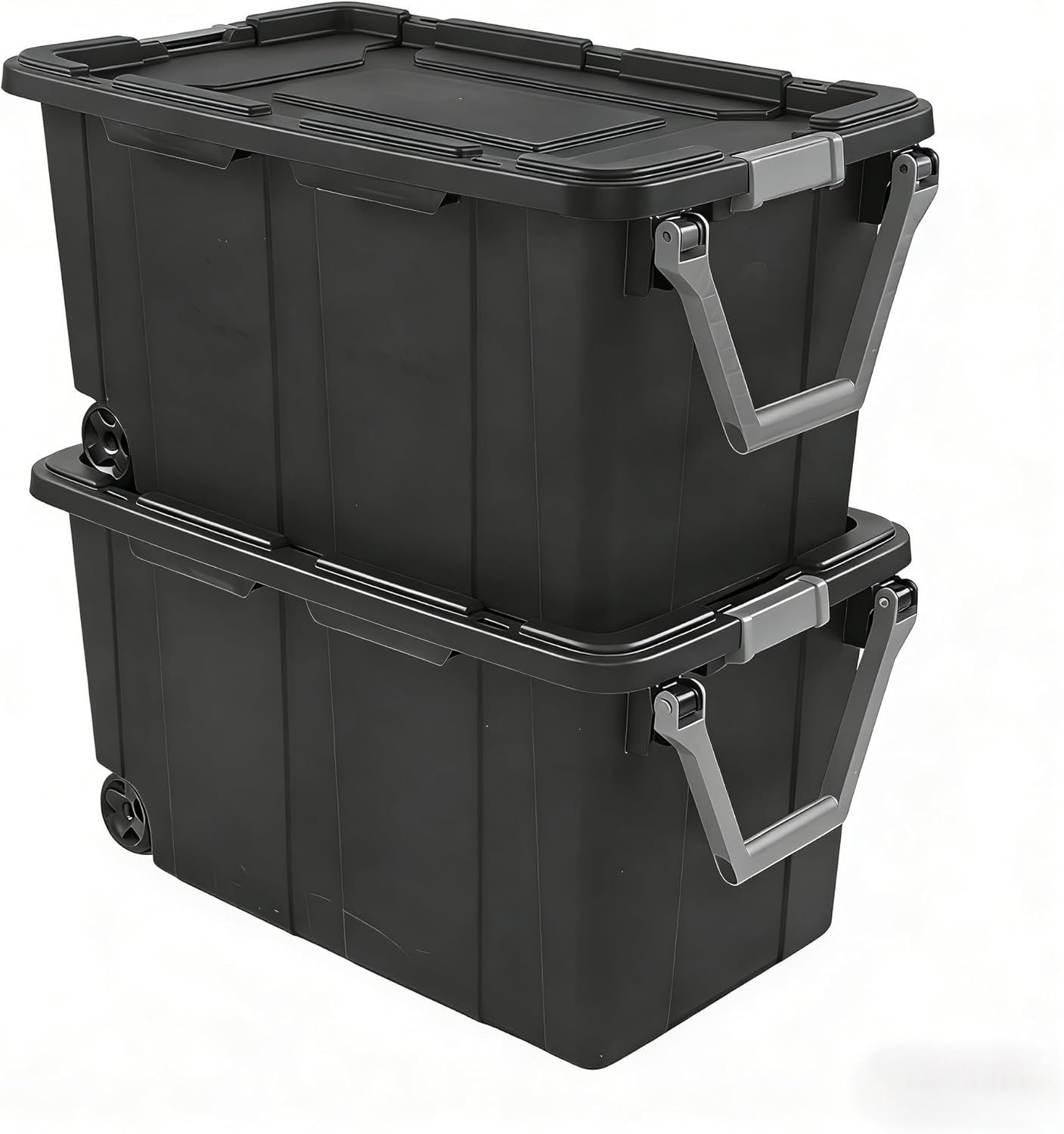 40-gallon plastic storage boxes with snap-on lids and handles, dark gray, 2-pack