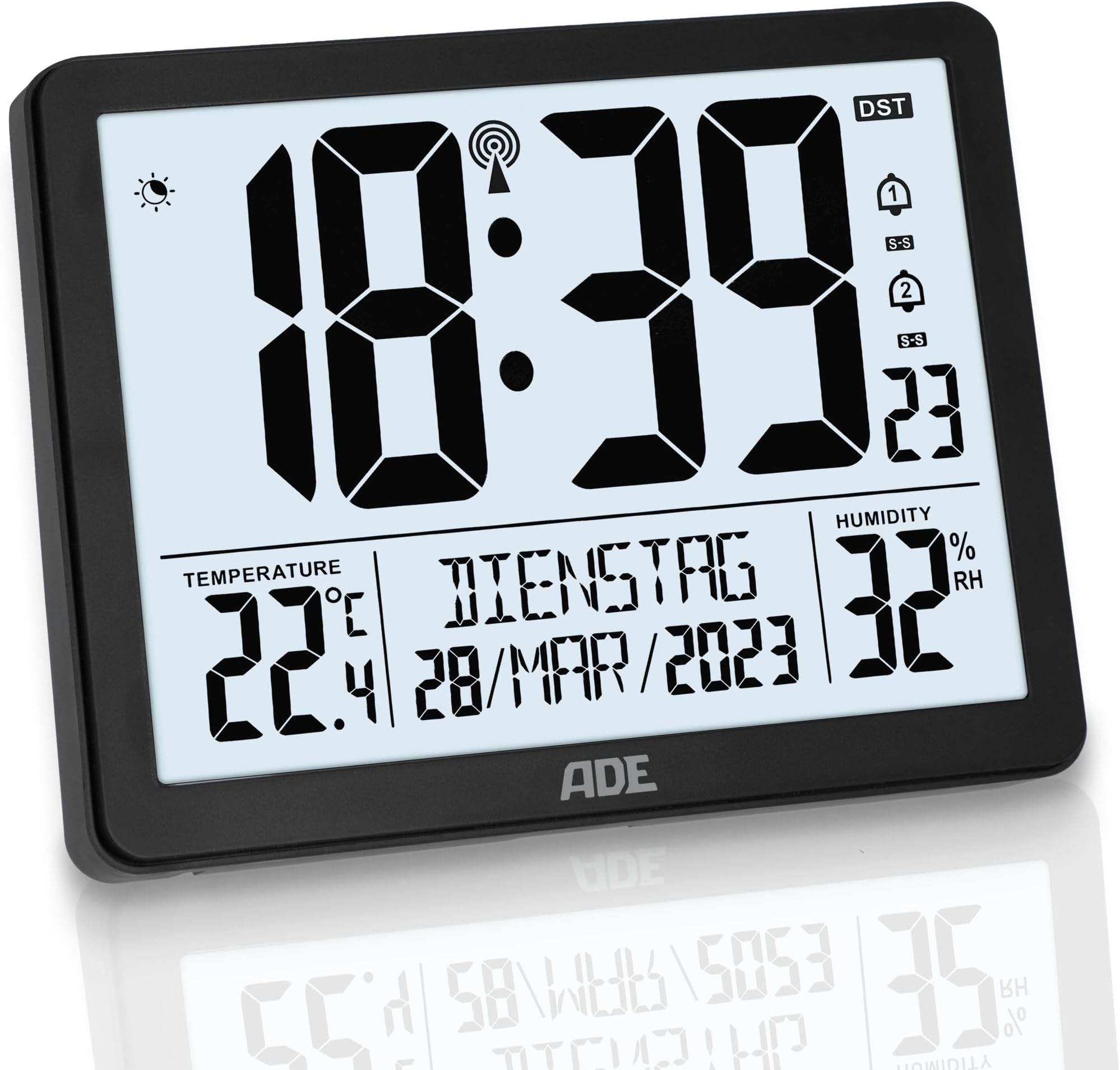 Mebus Digitale wekkerradio met temperatuurweergave, datumweergave, twee alarmtijden, alarmherhaling, automatische zomer-/wintertijd instelling, draadloze klok, digitale wekker/kleur: zwart/model: 25581