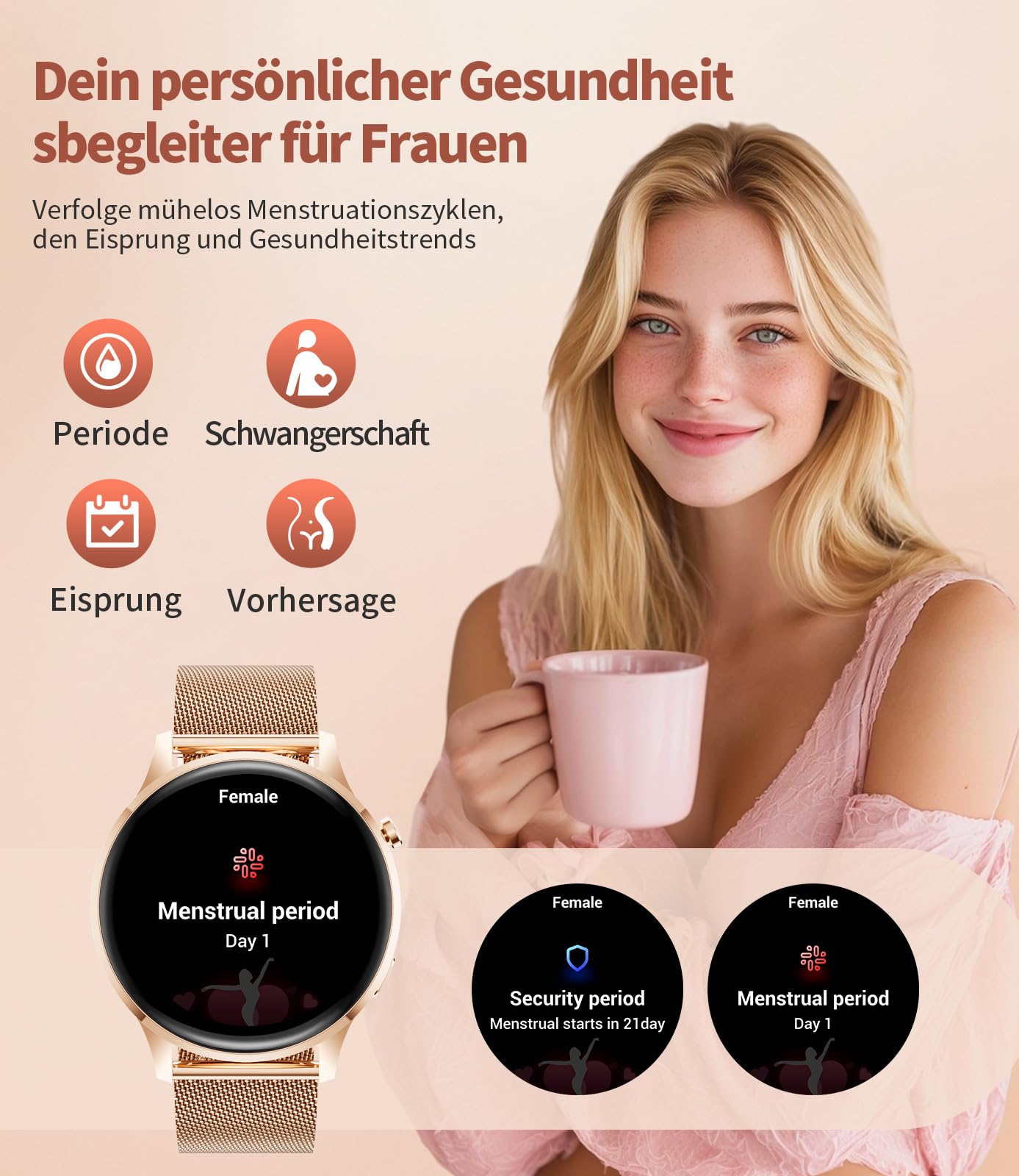 LIGE Smartwatch Damen Rund mit Telefonfunktion 7,9mm Dünn 1.32" AMOLED Elegant Fitnessuhr Frauen für Android iOS,Sportuhr mit Herzfrequenz Schlafmonitor,Menstruationszyklus,100+ Sportmodi,Roségold
