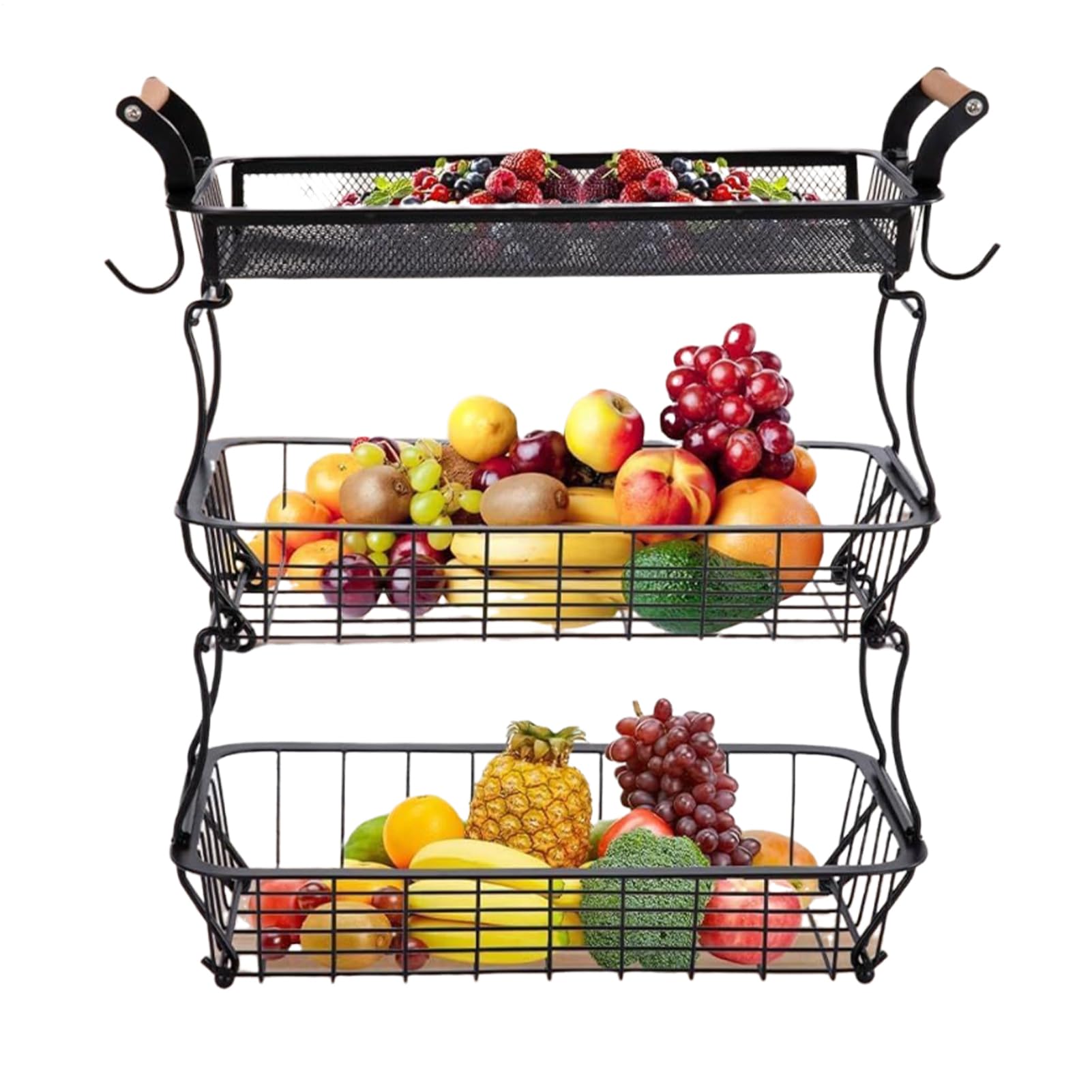 Soporte de baloncesto de frutas genérico, 3 Tier Produce Organizer, Wire Bowl Rack, 17,7 pulgadas con Banana Hanger, Space Saving Countertop Storage for Vegetables Snacks Bread, Home Restaurant Pantry