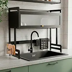 Decolab Escorredor de Louça Multiuso Para Pia Suspenso Grande com Armário Gaveta Porta Retrátil (Preto, 2 Andares)