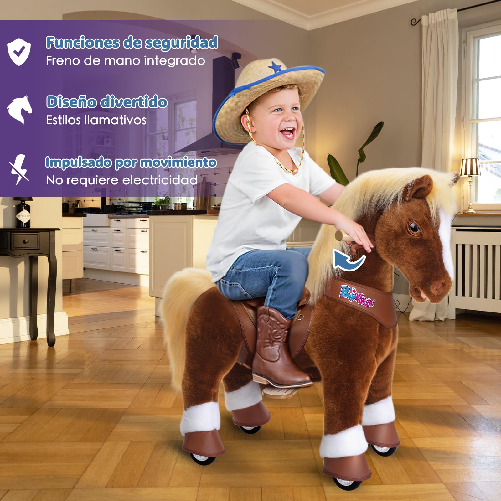 PonyCycle - Caballo Juguete Simulación para Niños de 4 a 7 Años, Juguete Marrón para Montar con Ruedas, Modelo Y Pony de Juguete para Montar con Sonidos y Frenos, Niños - Y474