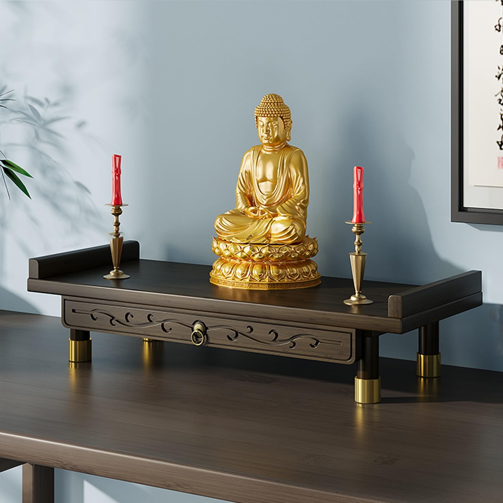 Table d'autel de méditation avec grand plateau coulissant pratique