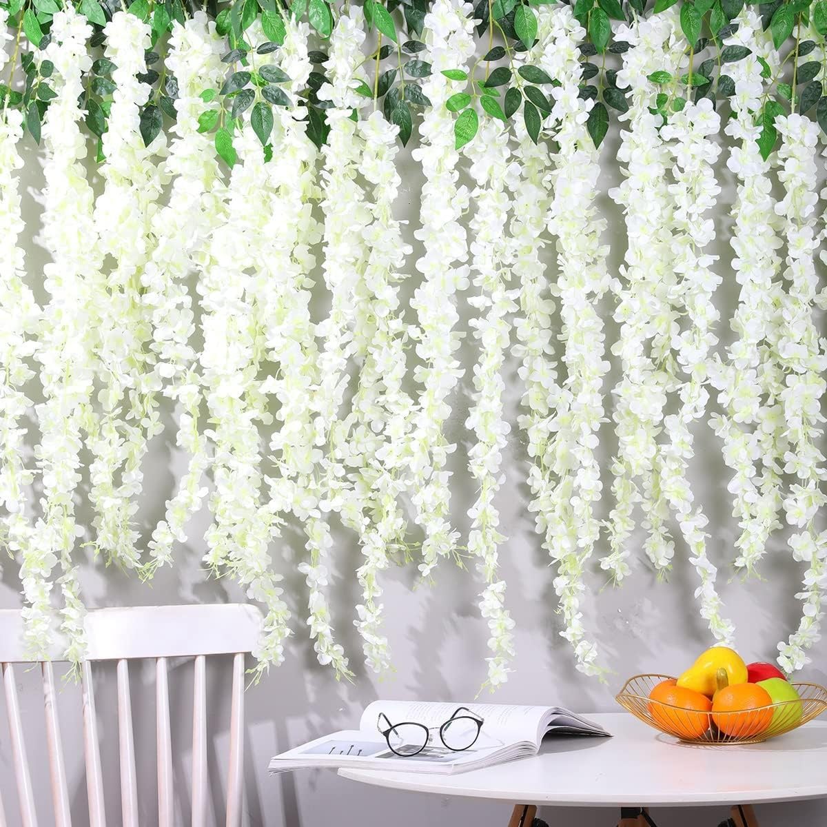 Guirnalda de flores colgantes de glicinia artificial, guirnalda de flores de seda para bodas, fiestas, jardín, decoración de pared del hogar (60 unidades, blanco)