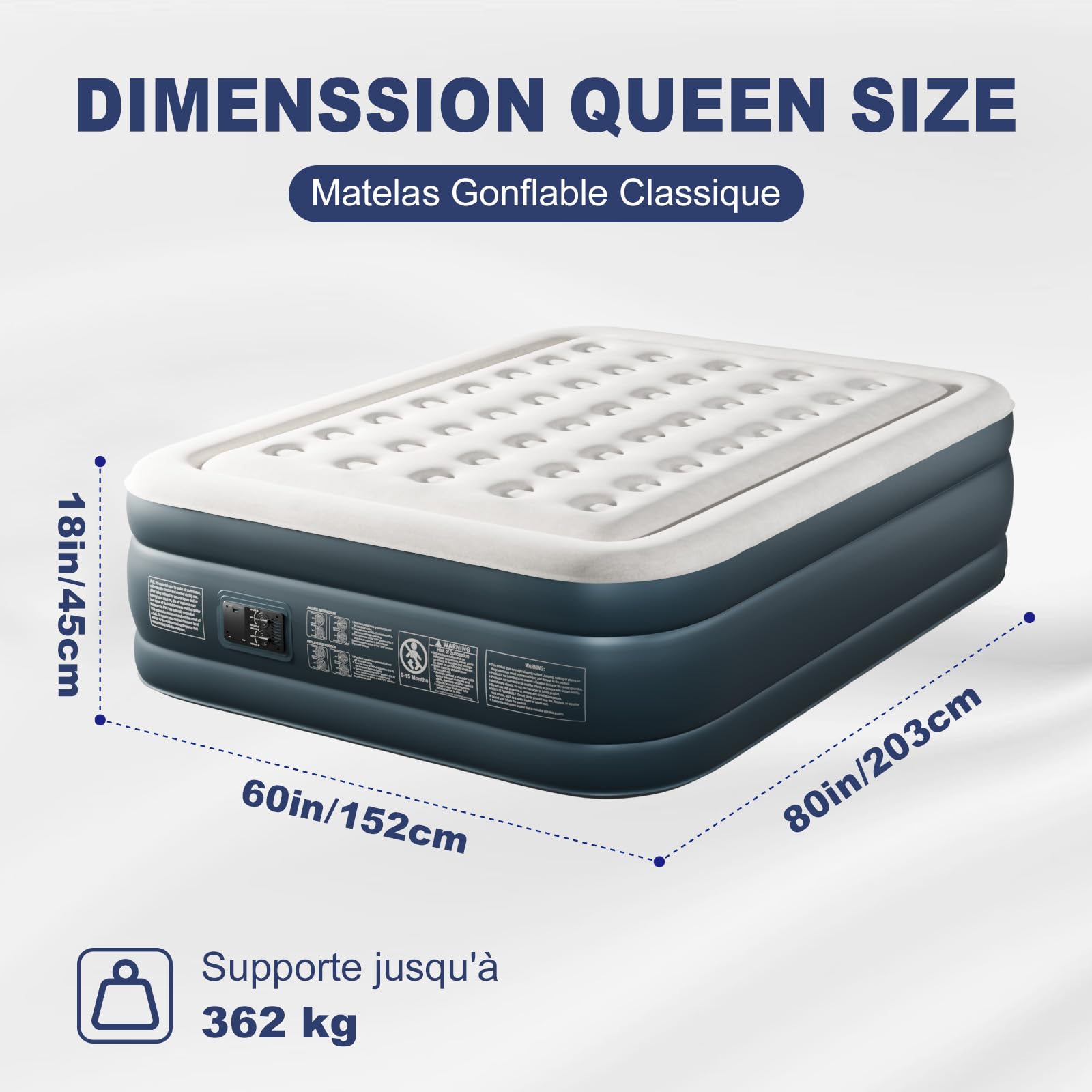 Bonnlo Matelas de Camping Pliable avec Pompe électrique, Matelas Gonflable Autogonflant avec Surface en Velours, pour 2 Personnes (Gris-Blanc et Gris Foncé, 203 x 152 x 45 cm)