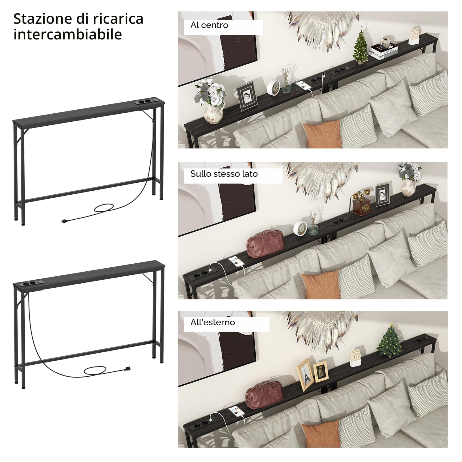 Vedecasa Consolle sottile da 15 cm con stazione di ricarica e porte USB, tavolino stretto e basso per ingresso, soggiorno, corridoio, ufficio
