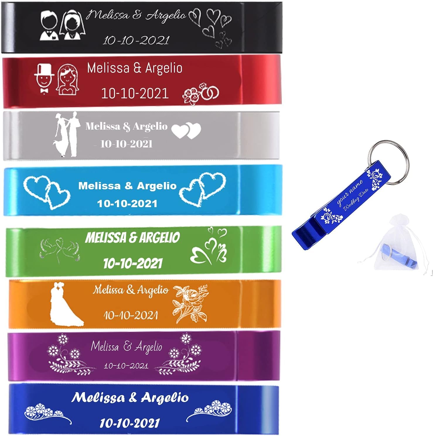 Pack de 50 abrebotellas personalizados para bodas, regalos de boda para invitados, abrebotellas personalizados, colorido, tamaño de bolsillo, aluminio, unisex. Abridor