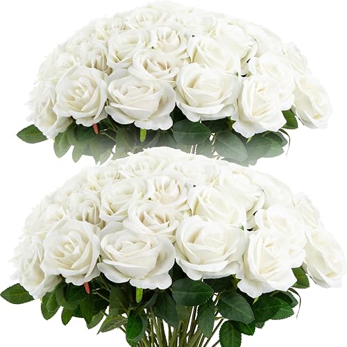 Cliselda 72pcs White Roses Artificial Flower in Bulk, Realistic Velvet