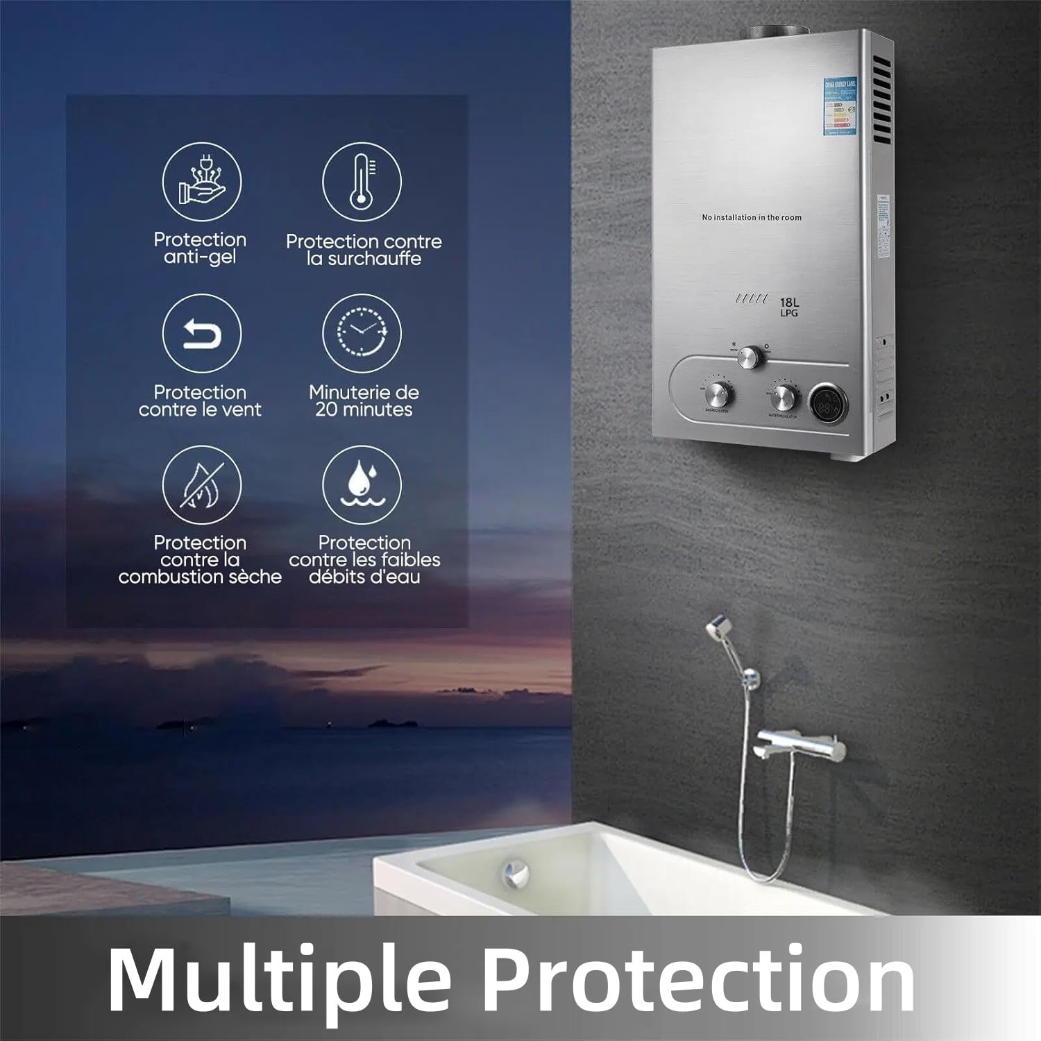 LPG Warmwasserbereiter 18L Gas Gasdurchlauferhitzer Butane Warmwasserbereiter Propane Warmwasserbereiter,Wasserdurchfluss 18L/min,36KW Durchlauferhitzer,Instant Boiler,mit Sommer-Winter-Muster