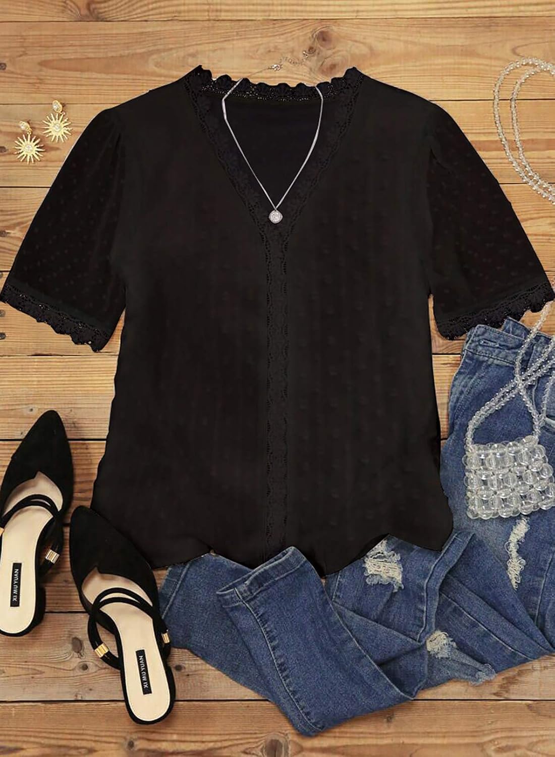 Eytino Womens Plus Size Tops Casual Summer Short Sleeve V Neck Lace Crochet Chiffon Blouses Shirts(1X-5X) - Image 3