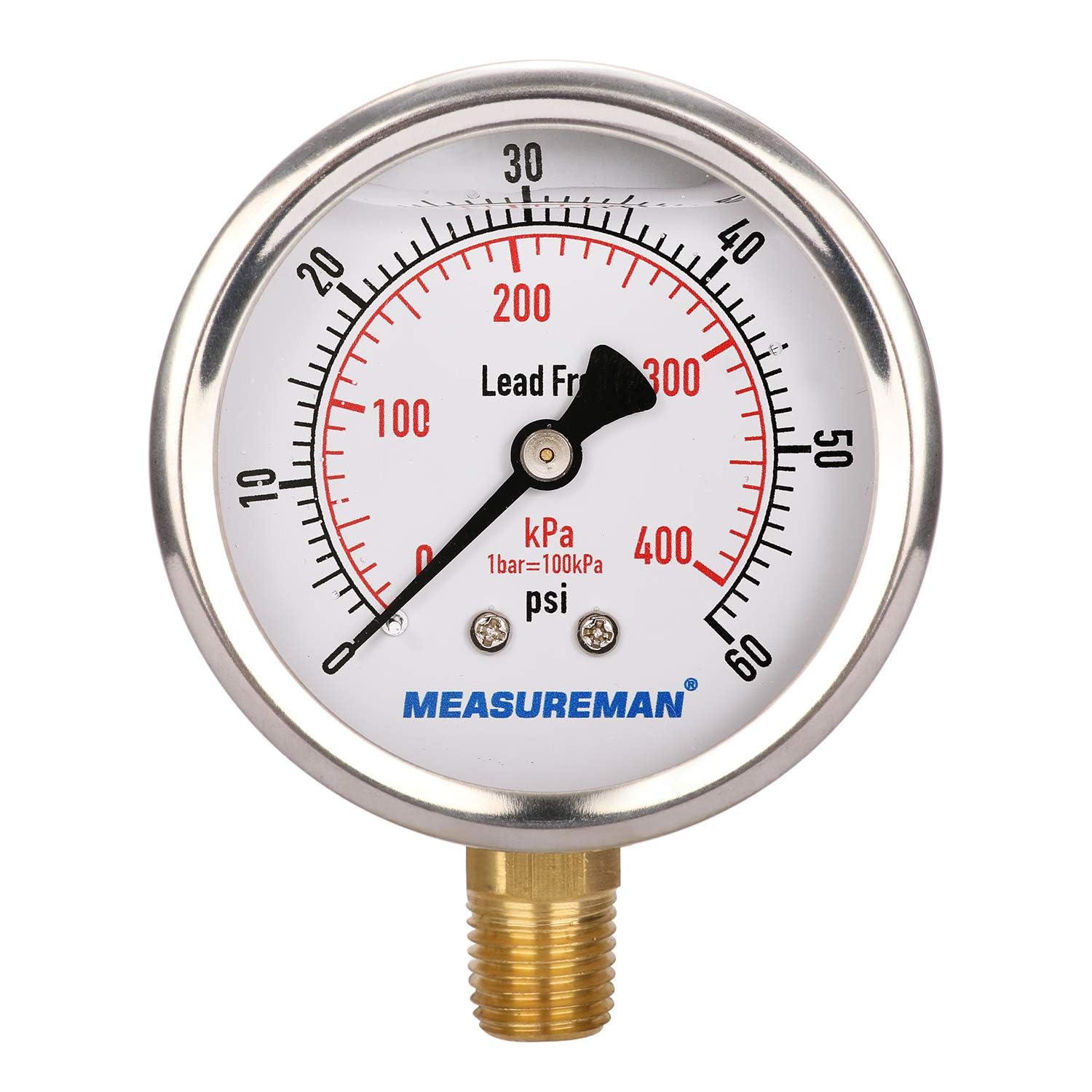 MEASUREMAN 2-1/2" dial, 1/4"NPT Lower, Glycerin Filled, Stainless Steel case, Brass Inside, 0-60psi/400kpa Pressure Gauge-image-48