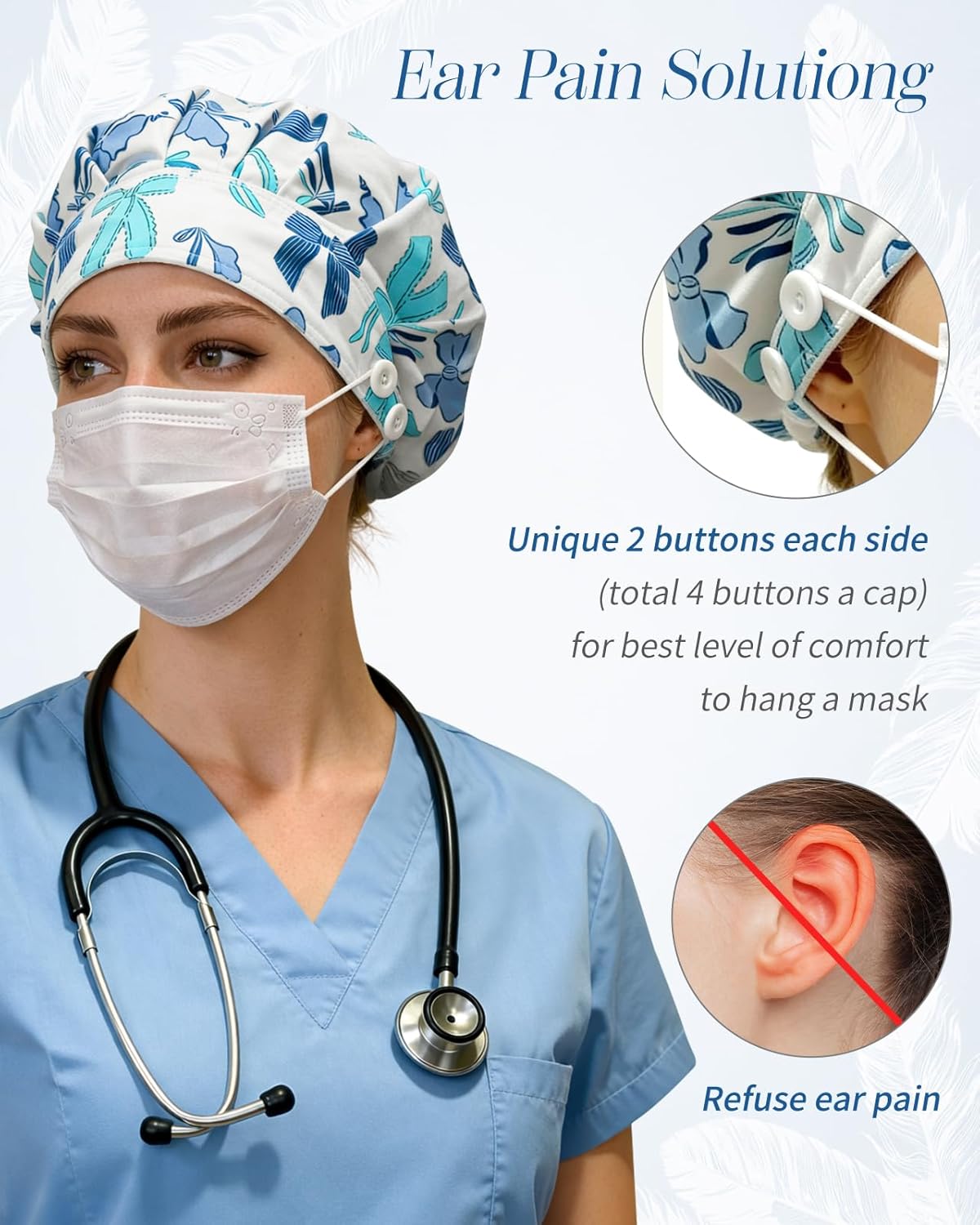 Plifal Satin Lined Bouffant Scrub Cap with Buttons-Adjustable 100% Cotton Nurse Hat with Sweatband and 2 Scrunchies - Image 4