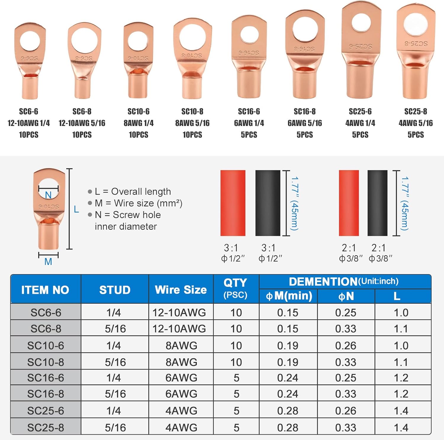 Battery Cable Lug Crimping Tool with Cable Cutter, 60pcs Copper Lugs & 80pcs Heat Shrink Tubing for AWG 10 to 1/0 Gauge