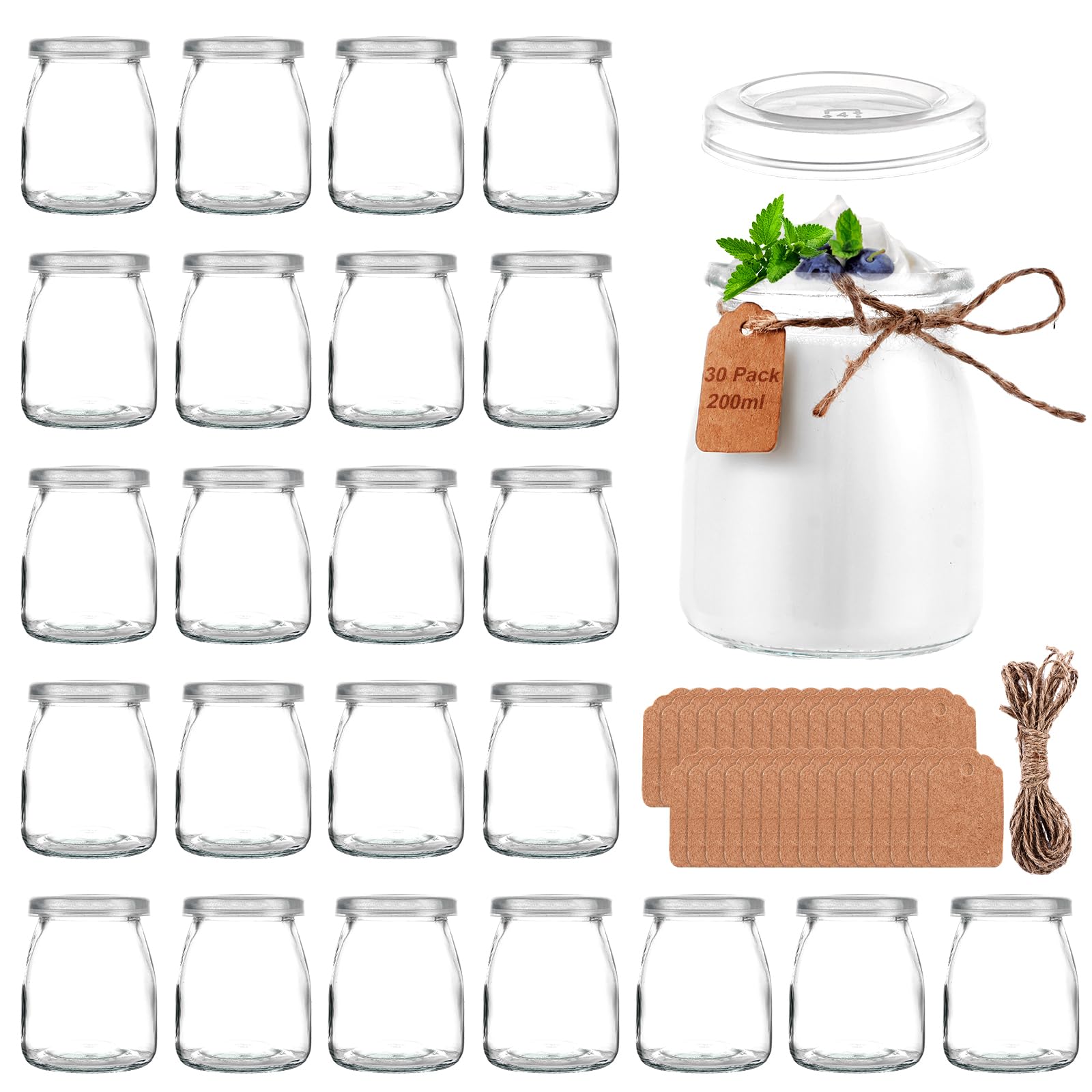 Lot de 30 bocaux en verre de 200 ml avec couvercle, petits bocaux en verre, mini pudding, yaourt, bouteilles en verre pour confiture, miel, gelée, mousse, épices