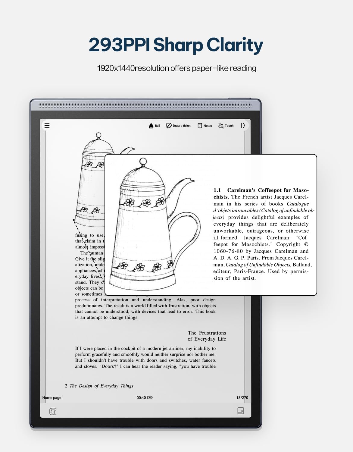AINOTE Air 2 screen displaying a book page with clear text and illustrations, highlighting 293 PPI sharp clarity.