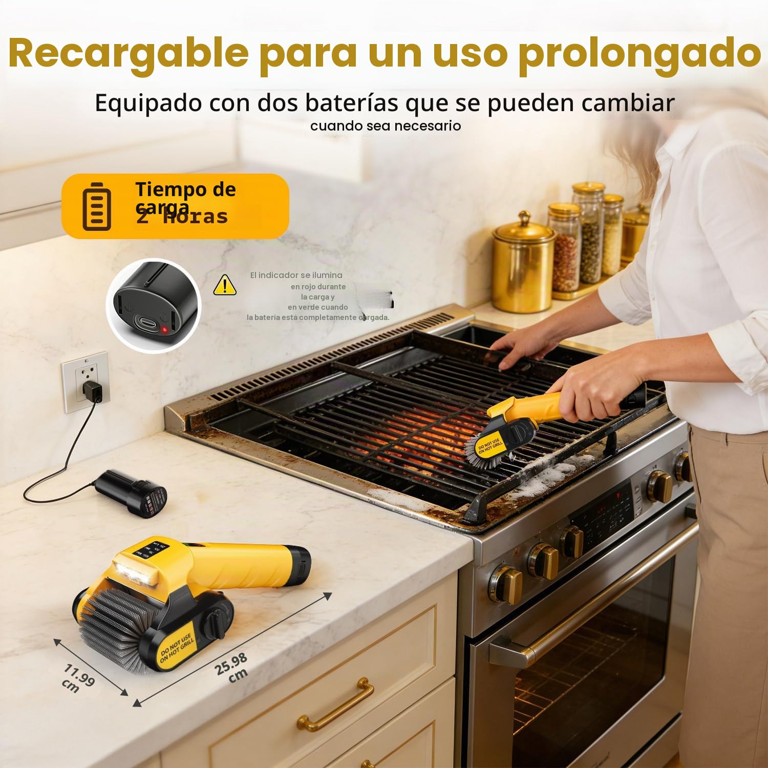 Qimedo Cepillo de Limpieza Eléctrico para Parrilla con Luz LED, 800 RPM, Cerdas de Acero Inoxidable, Cepillo Potente, Inalámbrico, para BBQ, Rejilla de Hierro Fundido, Parrilla de Gas y Eléctrica