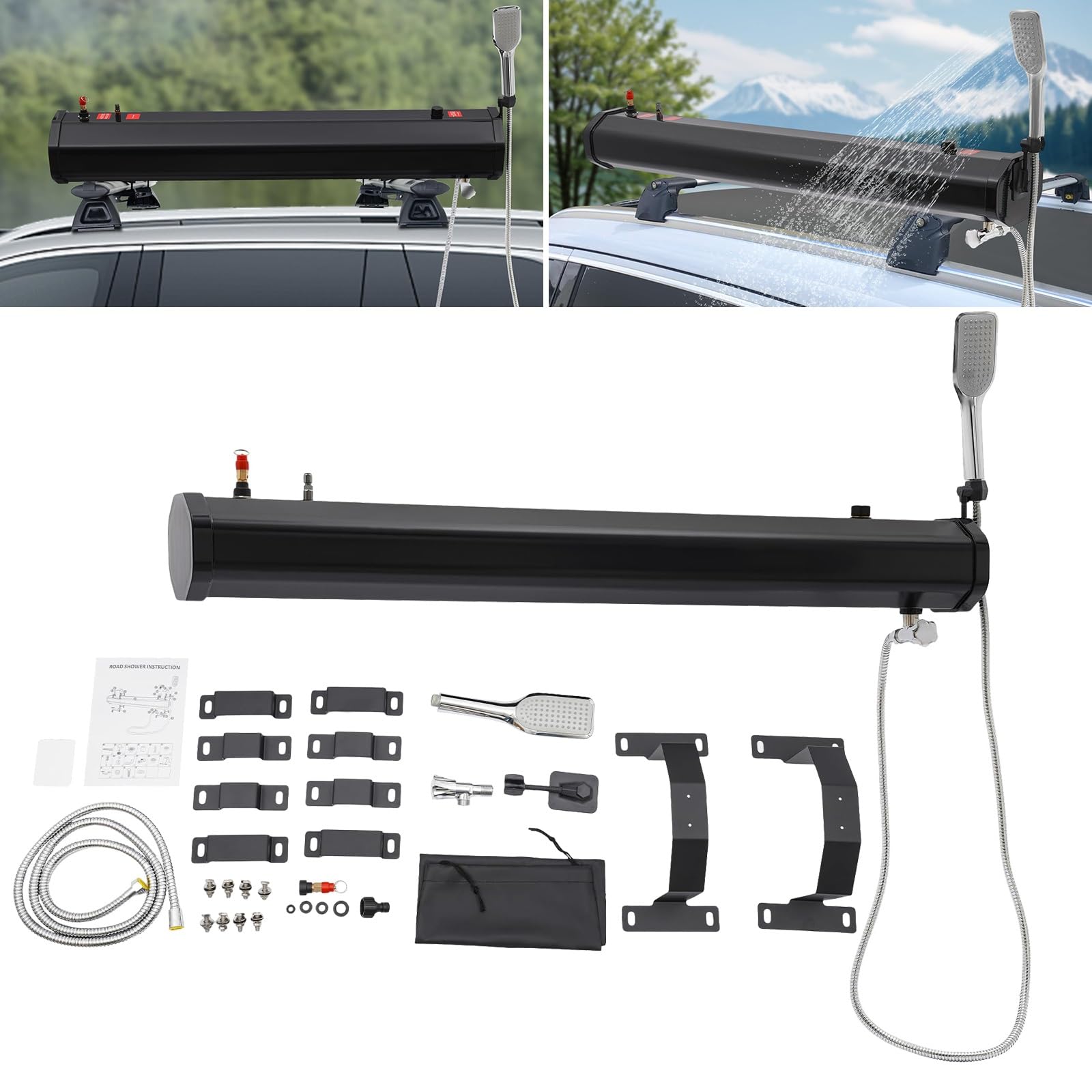 COUCHO Druckwassertank für Campingdusche, Dachgepäckträger-Wassertank für Autodusche, tragbarer Offroad-Duschen-Wasserspeichertank mit Schlauchduschkopf, für Fahrzeuge, LKWs, SUV(30L(7.9gallon))