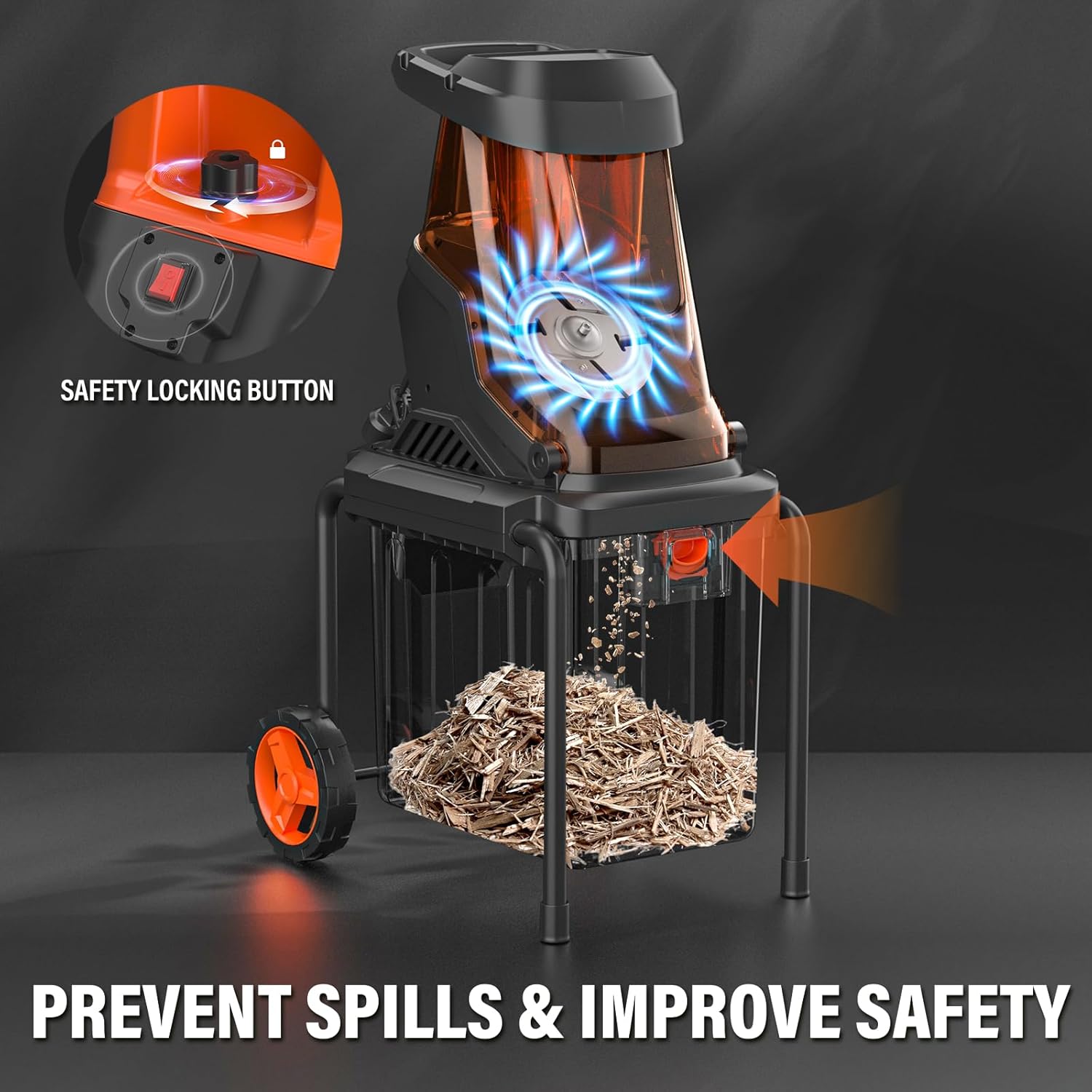 Person pulling the wood chipper by its handle, showcasing the smooth wheels for easy movement