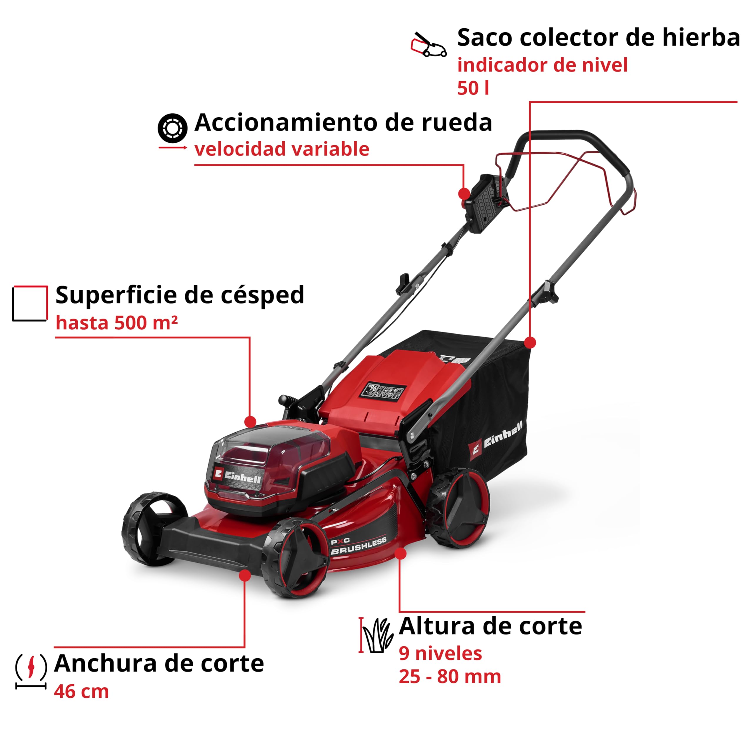 Einhell Kit cortacésped con batería GC-CM 36/46 S Li BL Power X-Change (36V, 46 cm de Ancho de Corte, hasta 500 m², Brushless, accionamiento de Rueda, Cesta 50 L, Incl. 2x4,0Ah + 1 Twincharger)