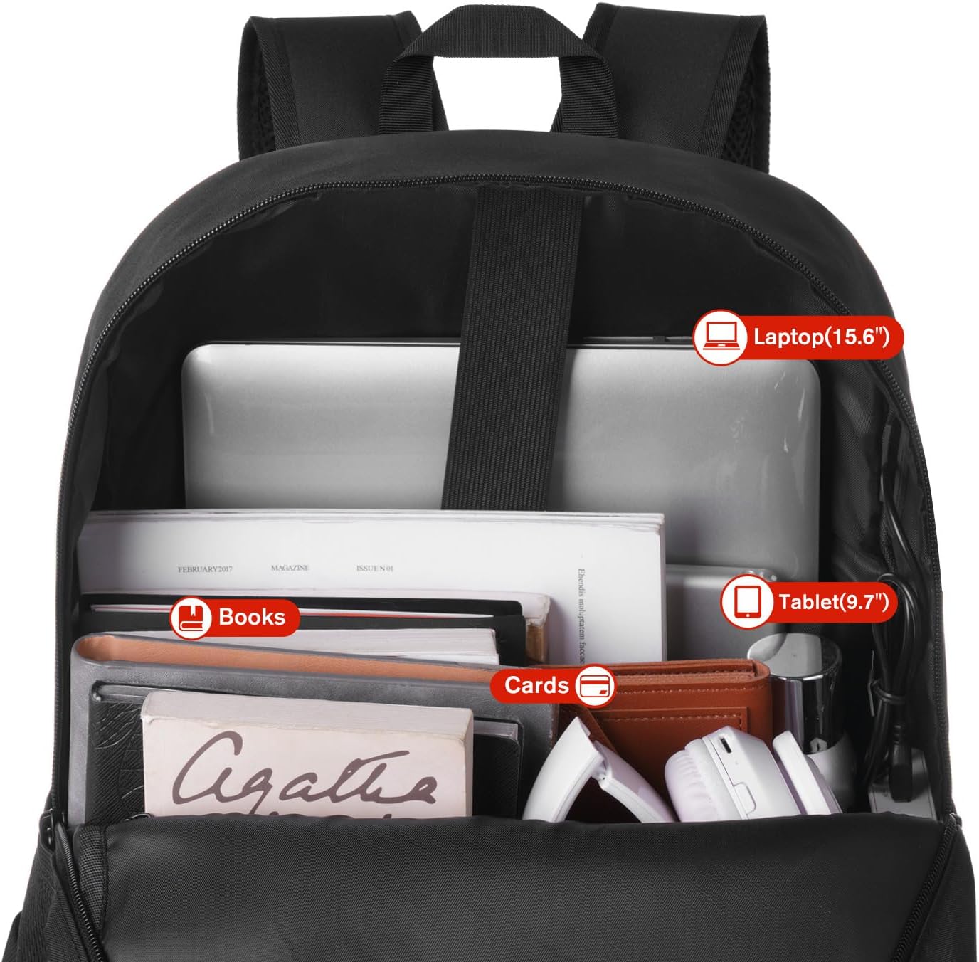 YAMTION Black Backpack for Women Men,Casual School Backpack Teen Boys and Girls 15.6 Inch Laptop Bookbag with USB Charger for College High School Travel Business