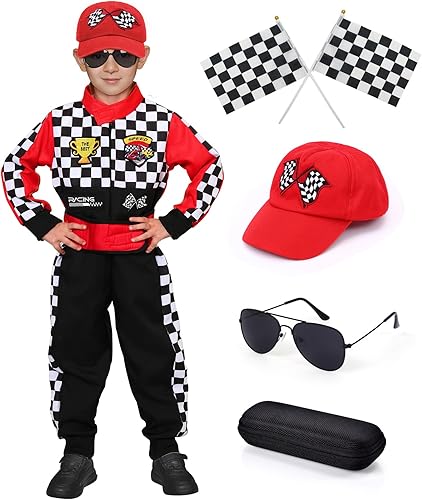 Latocos Disfraz de piloto de carreras para niños y niñas, overol de corredor con gorra de automóvil, lentes de sol, disfraz para niños, juego de rol disponible en Yaxa El Salvador