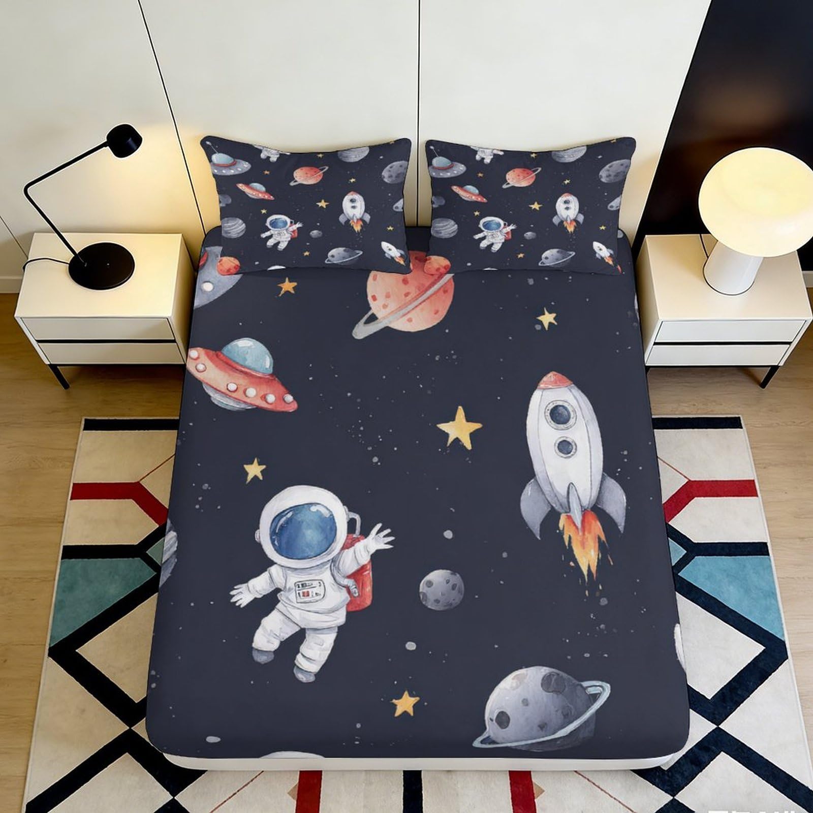 3D Printed Astronaut Space Adventure Fitted Sheet Microfiber Soft Breathable Rocket Planet Mattress Cover for Bedroom Dorm Mattress Protection Decor 200x200x25cm