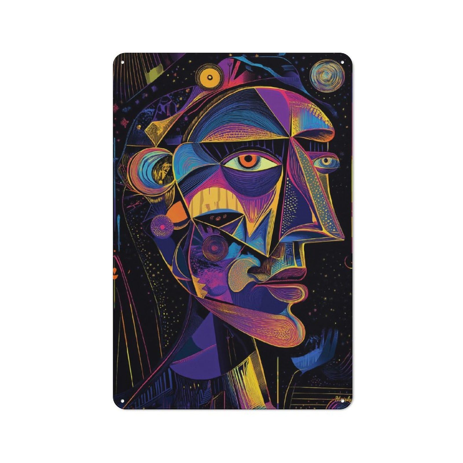 Junmoney Futuristic Abstract Vision – Neon Cubist Port Rait Retro Metal Sign 30X20cm For Lounge Or Reading Corner, For An Autumn Wall Display In Lounge And Reading Corner