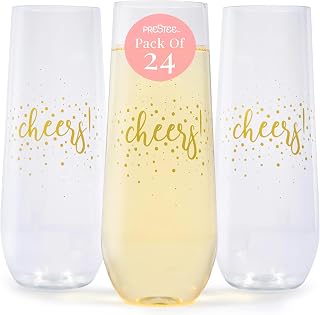 Prestee 24 Pack Stemless Plastic Champagne Flutes - 9 Oz Disposable Cheers Toast Cups for New Years Eve - Shatterproof Drinkware for Cocktails, and Mimosa Bar Supplies