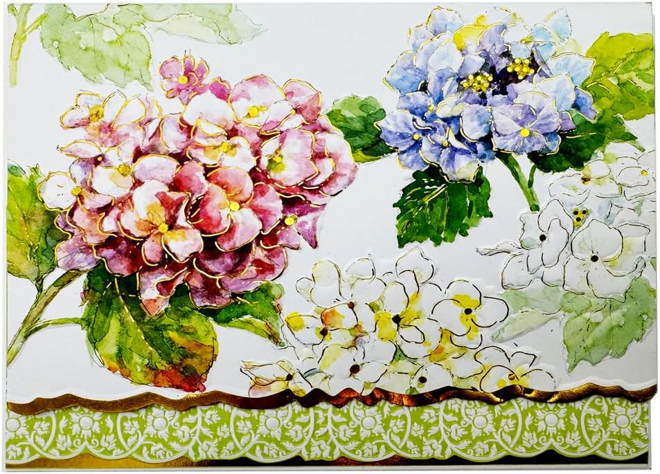 Classic Pink and Blue Hydrangea Portfolio Boxed Note Cards by Carol Wilson. 10 embossed 4x5 Die-Cut Notecards and Matching Envelopes in Decorative Gift Box with Magnetic Flap. NCP6001