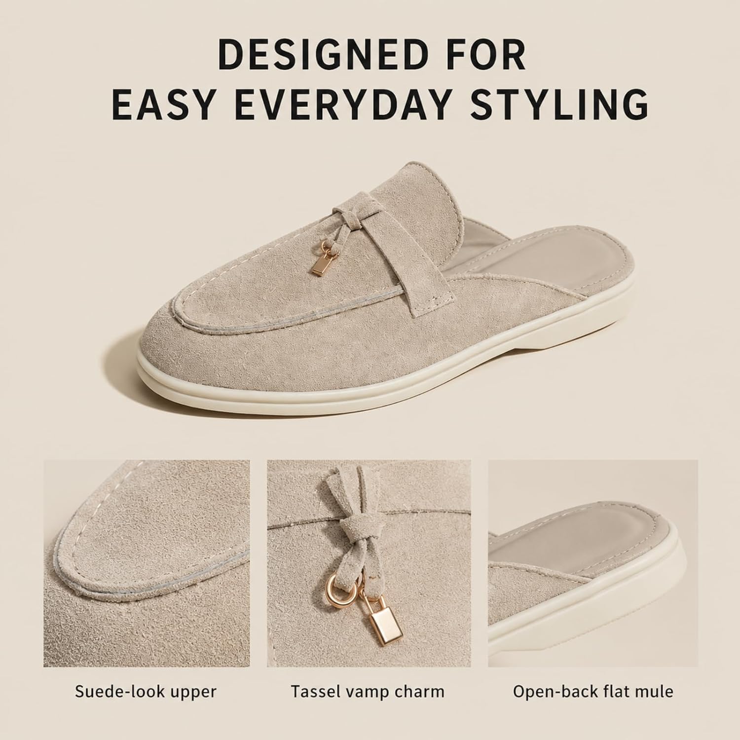 Women's Retro Suede Flat Mules with Tassels Comfortable Slip-on Pointed Toe Lightweight Non-Slip Flat Slippers for Casual Dating Daily