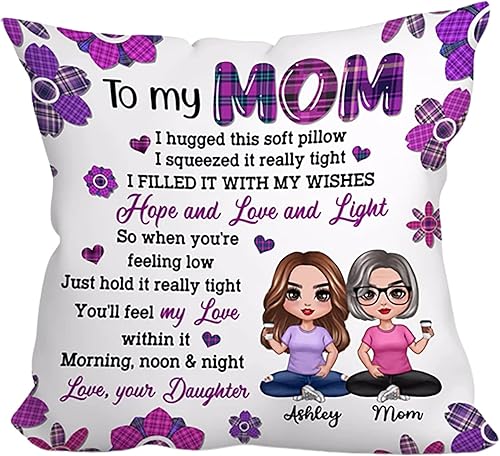 Love Signal Almohada morada personalizada para mamá, regalo personalizado para abuela de hija y nietos, flor de cumpleaños para el día de la madre