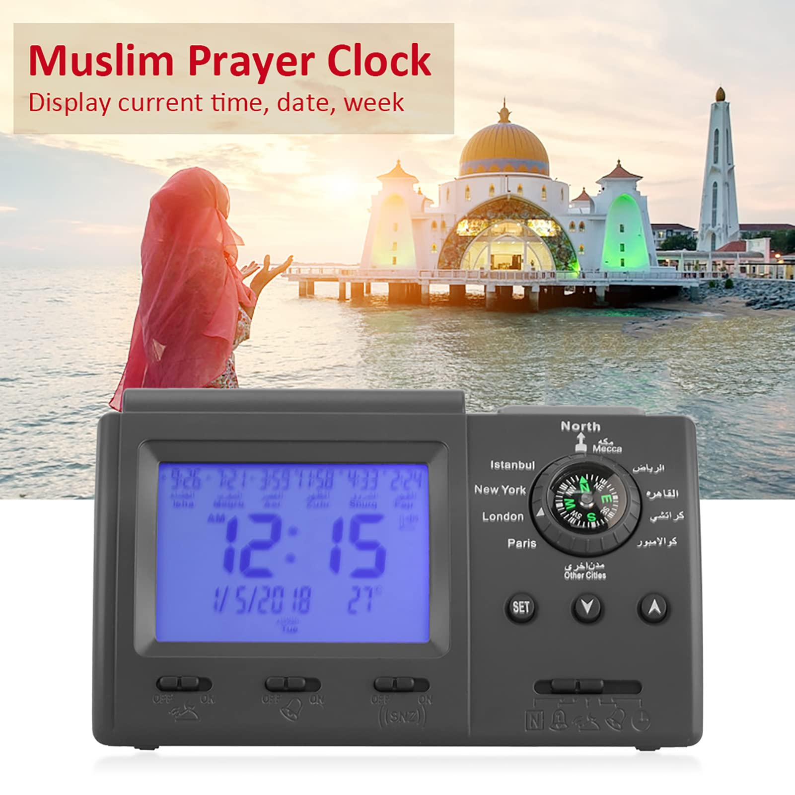 Oumefar Muzułmański islamski zegar modlitewny, srebrny cyfrowy kalendarz wyświetlanie czasu modlitwa budzik Azan Athan zegar ścienny (bez baterii)