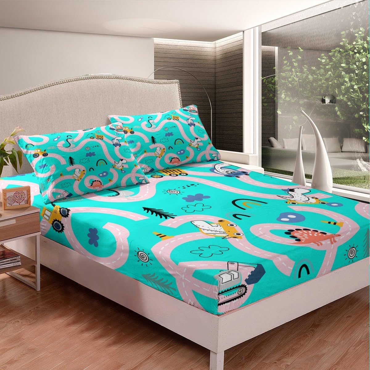 Erosebridal Cartoon Dinosaur Bedding Set Conctruction Tractor Truck Bed Sheets Toddler Cartoon Car Fitted Sheet, Kawaii Dino Sheets Soft Microfiber Sheets Full, Teal Green