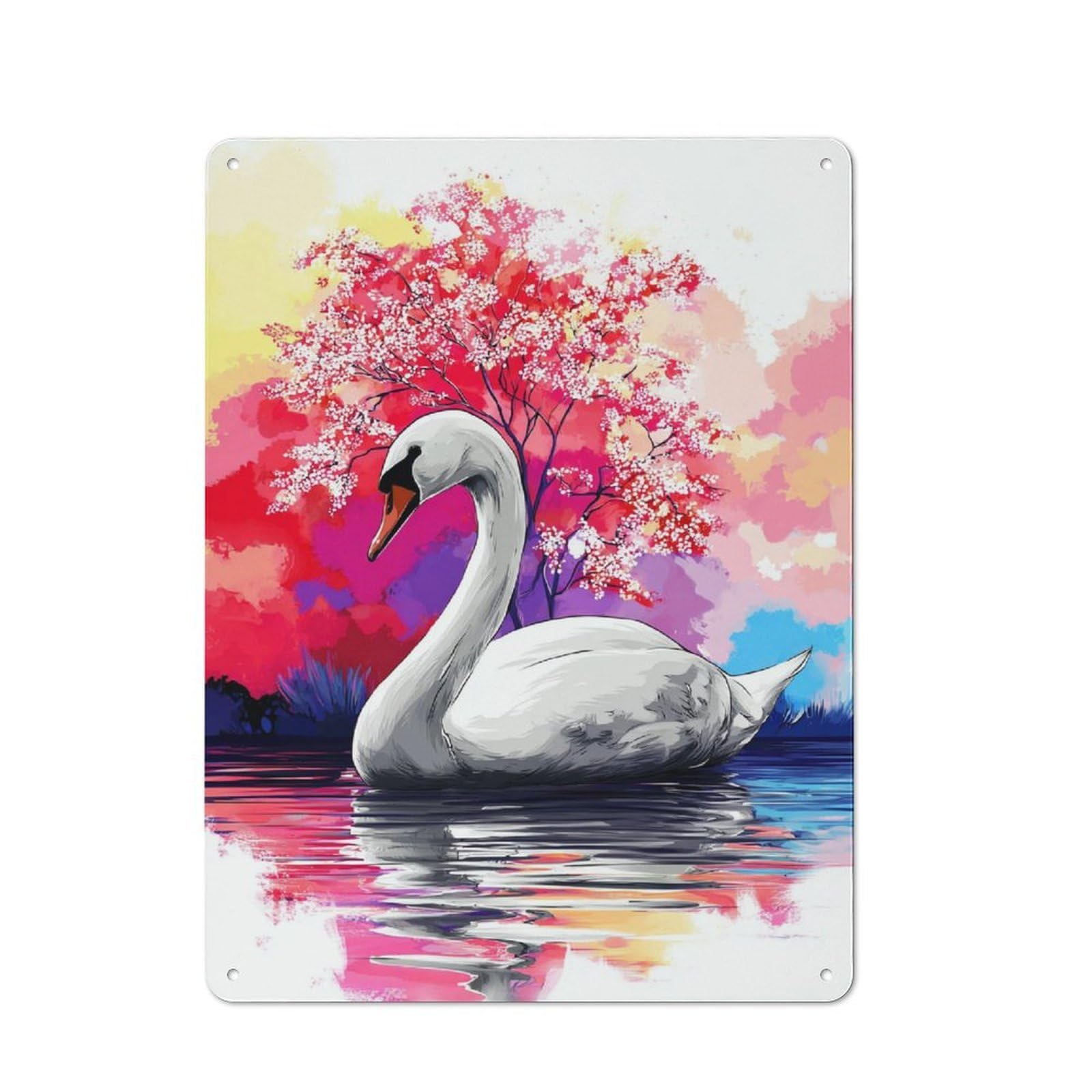 Junmoney Swan Serenity Watercolor Reflections Retro Metal Wall Sign 40X30cm Featuring For Hallway Wall, For Garage, Workshop And Man Cave Decoration