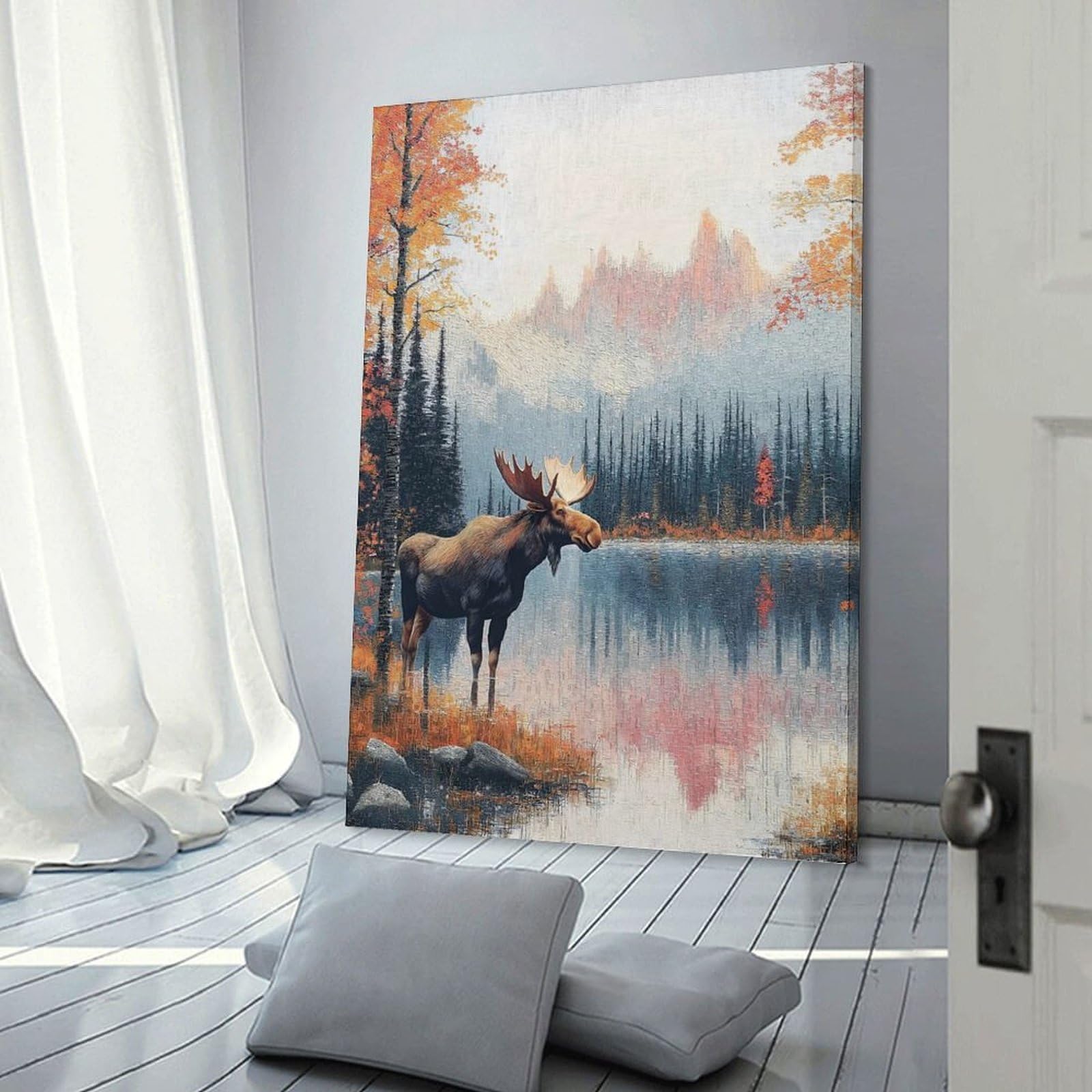 Junmoney Moose by A Lake in Autumn Decorative Wall Artwork 12x18inch(30x45cm), for Living Room, Lounge Or Sitting Room, A Home Accent with Warm Character